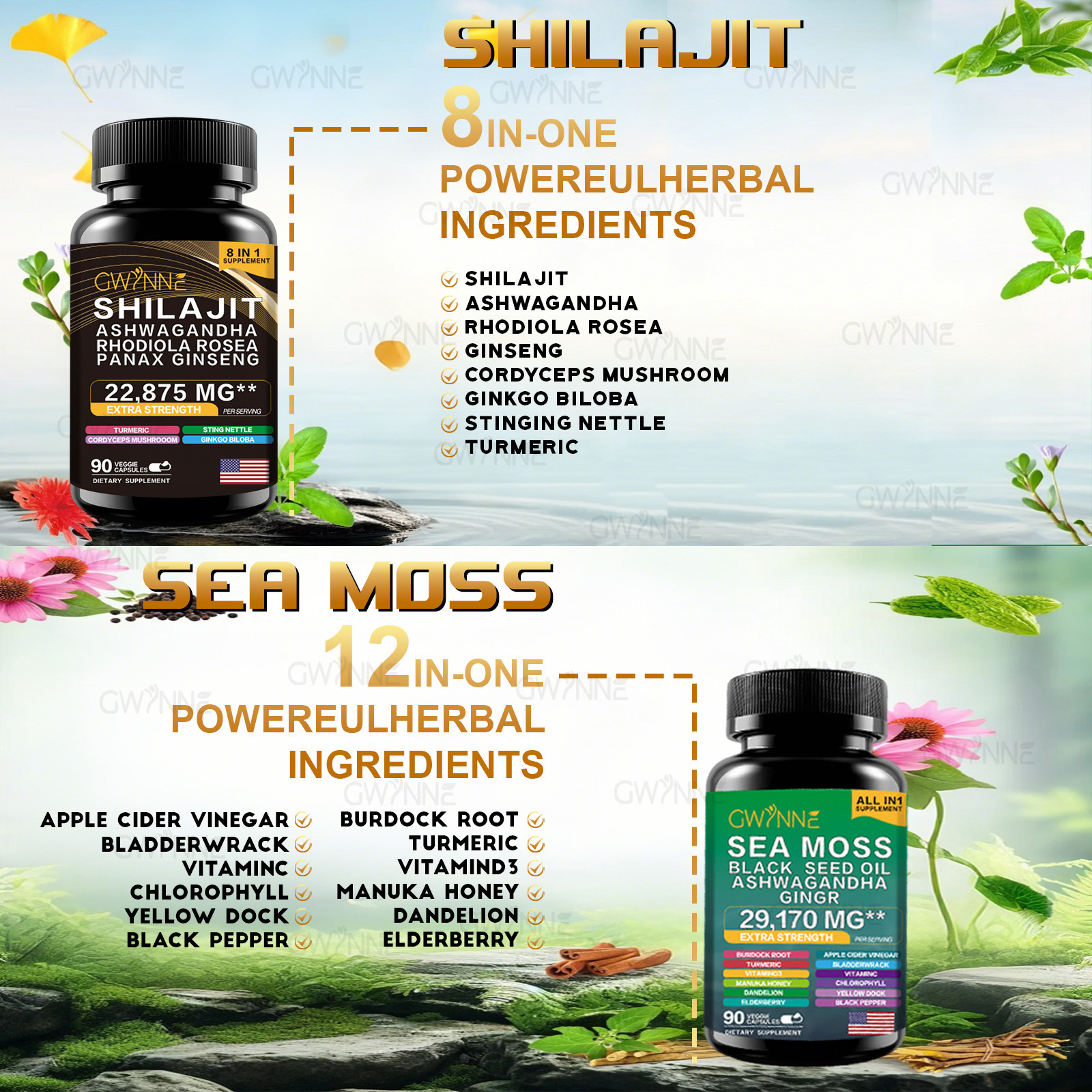 Gwynne All In 1 Shilajit Y Sea Moss Bundle 90 Cápsulas-contiene 29170 Mg De Musgo Marino, Aceite De Semilla Negra, Etc Y Contiene 22875 Mg De Shilajit,rhodiola Rosea, Etc