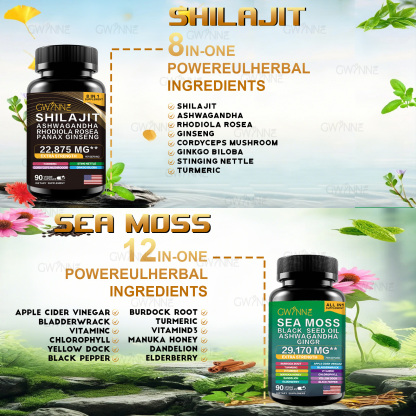 Gwynne All In 1 Shilajit Y Sea Moss Bundle 90 Cápsulas-contiene 29170 Mg De Musgo Marino, Aceite De Semilla Negra, Etc Y Contiene 22875 Mg De Shilajit,rhodiola Rosea, Etc