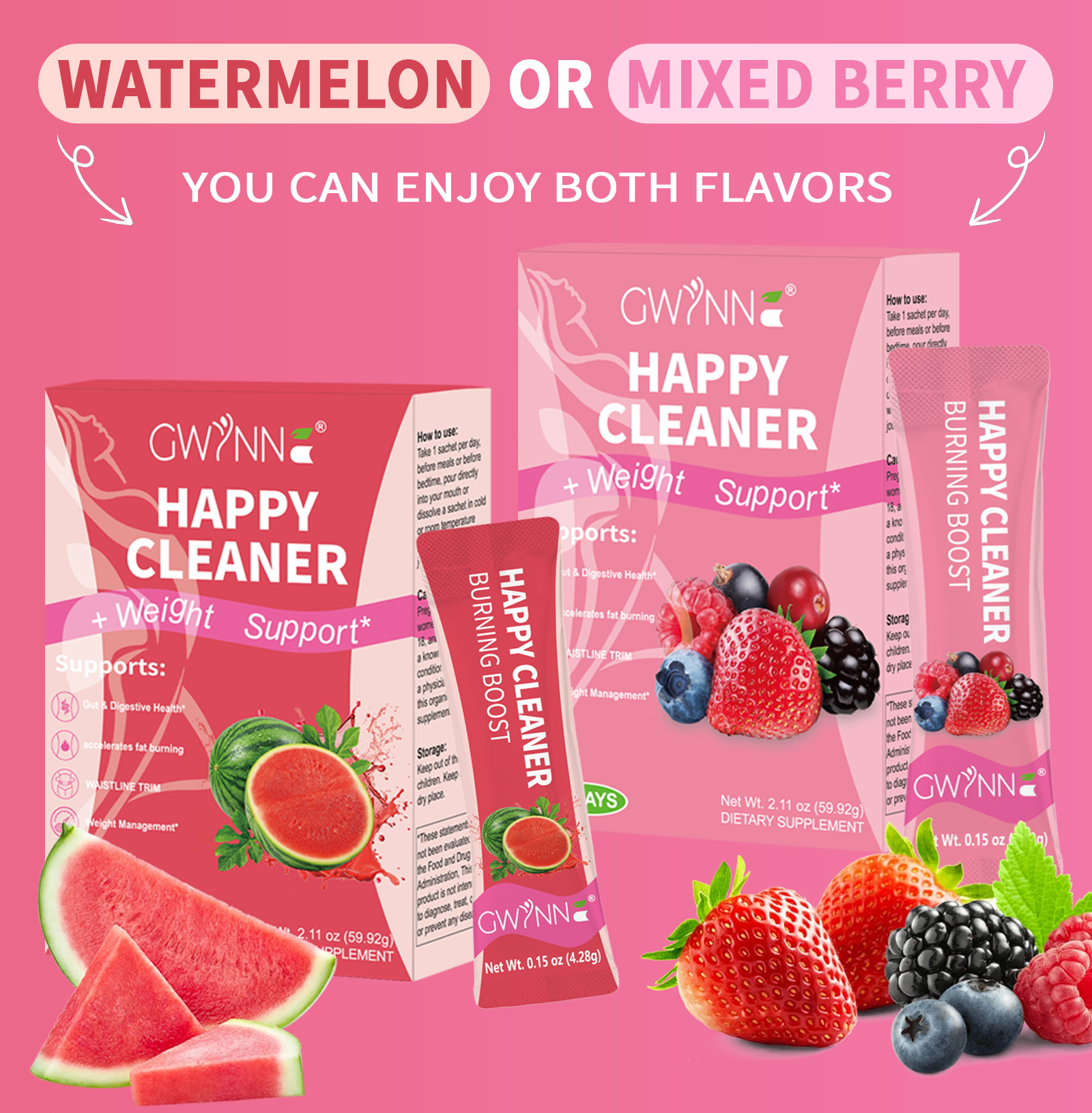 Gwynne Happy Cleaner Polvo Prebiótico Probiótico - Polvo De Mezcla De Bayas De Sandía (28 Paquetes De Una Sola Porción) Con Frutas