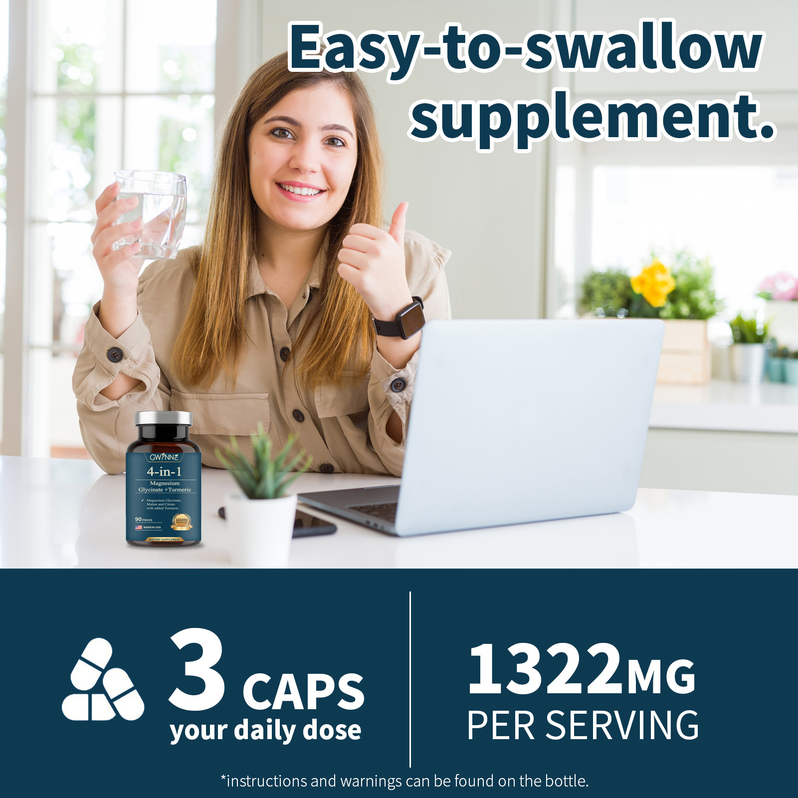 Gwynne 4 En 1 Triple Magnesium Complex:1322mg De Glicinato De Magnesio,malato De Magnesio Y Citrato De Magnesio,2000 Mg De Curcumina,para Fortalecer Los Músculos,los Nervios Y La Energía 90 Cápsulas