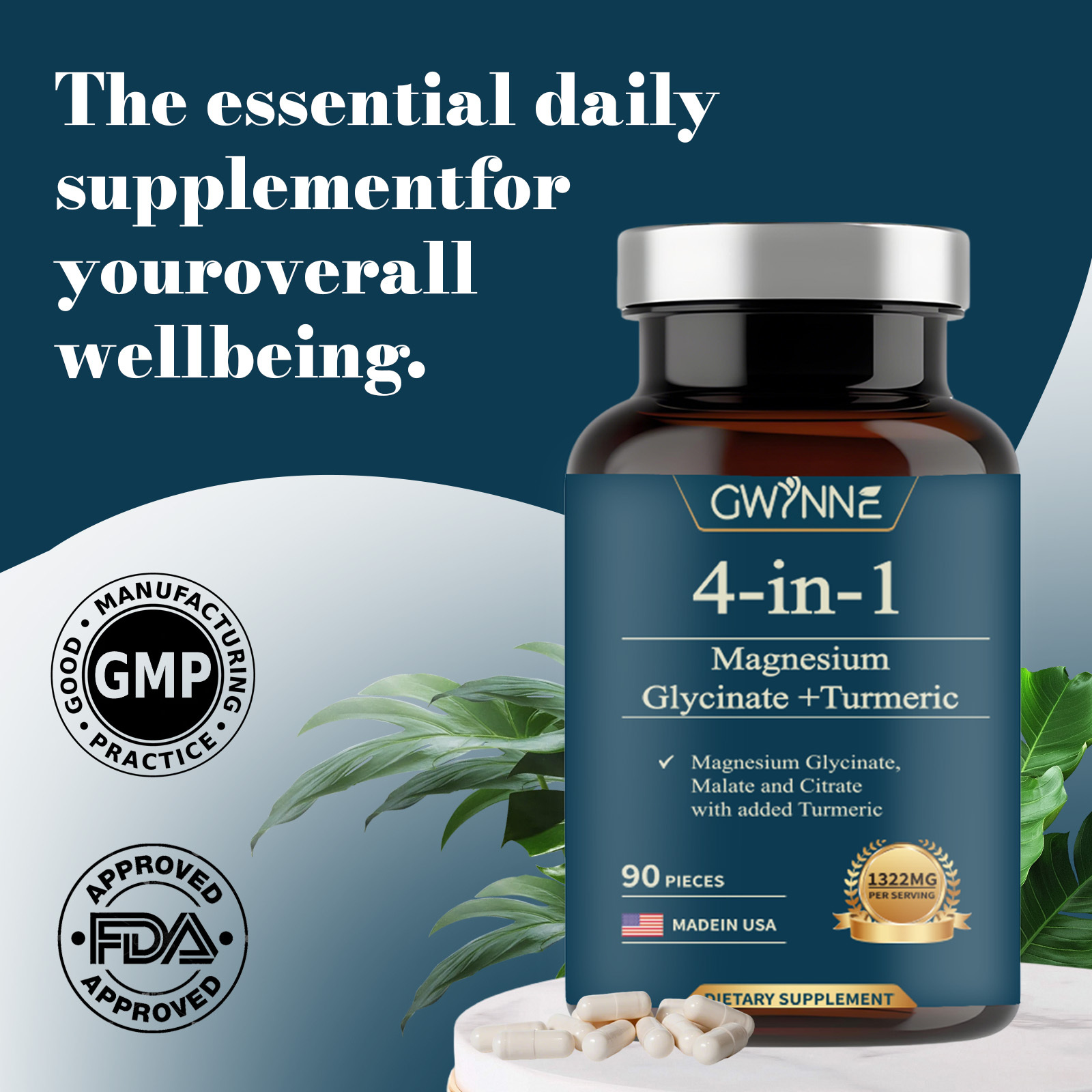 Gwynne 4 En 1 Triple Magnesium Complex:1322mg De Glicinato De Magnesio,malato De Magnesio Y Citrato De Magnesio,2000 Mg De Curcumina,para Fortalecer Los Músculos,los Nervios Y La Energía 90 Cápsulas