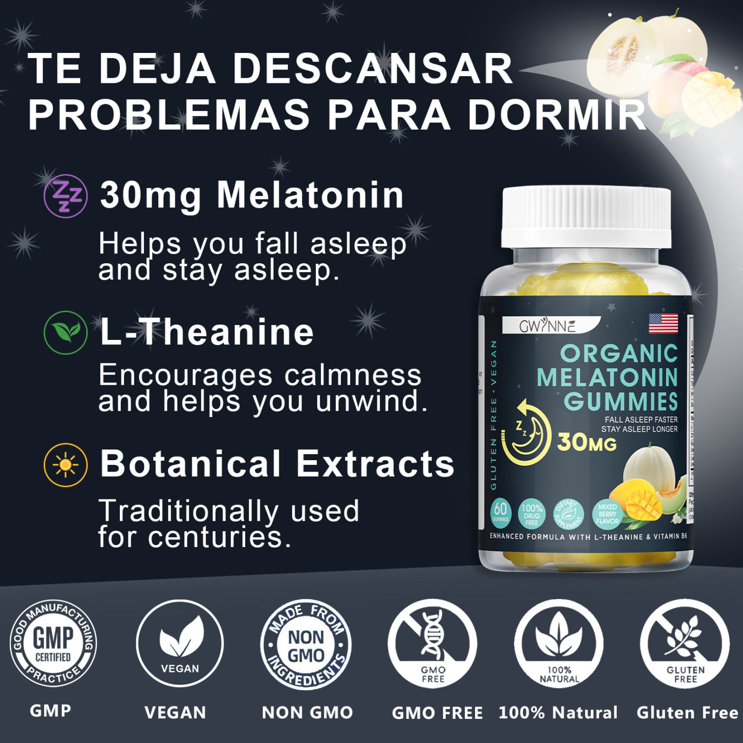 Premium Melatonin 30mg Gummies GWYNNE Ayuda a conciliar el sueño Tranquilidad y sueño prolongado Ayuda a aliviar el estrés Crecimiento muscular Suplemento dietético 60 Gummies