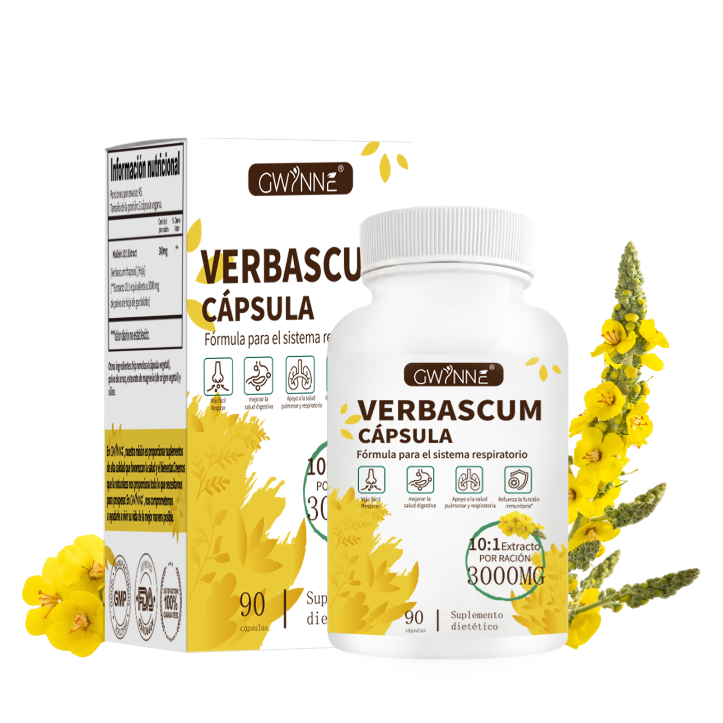 Gwynne Extracto De Hoja De Verbascum Thapsus,con Mullein 10: 1 3000mg,90capsules - Suplemento Herbal De Desintoxicación Pulmonar Natural,apoya La Salud Respiratoria E Inmune,limpieza Pulmonar