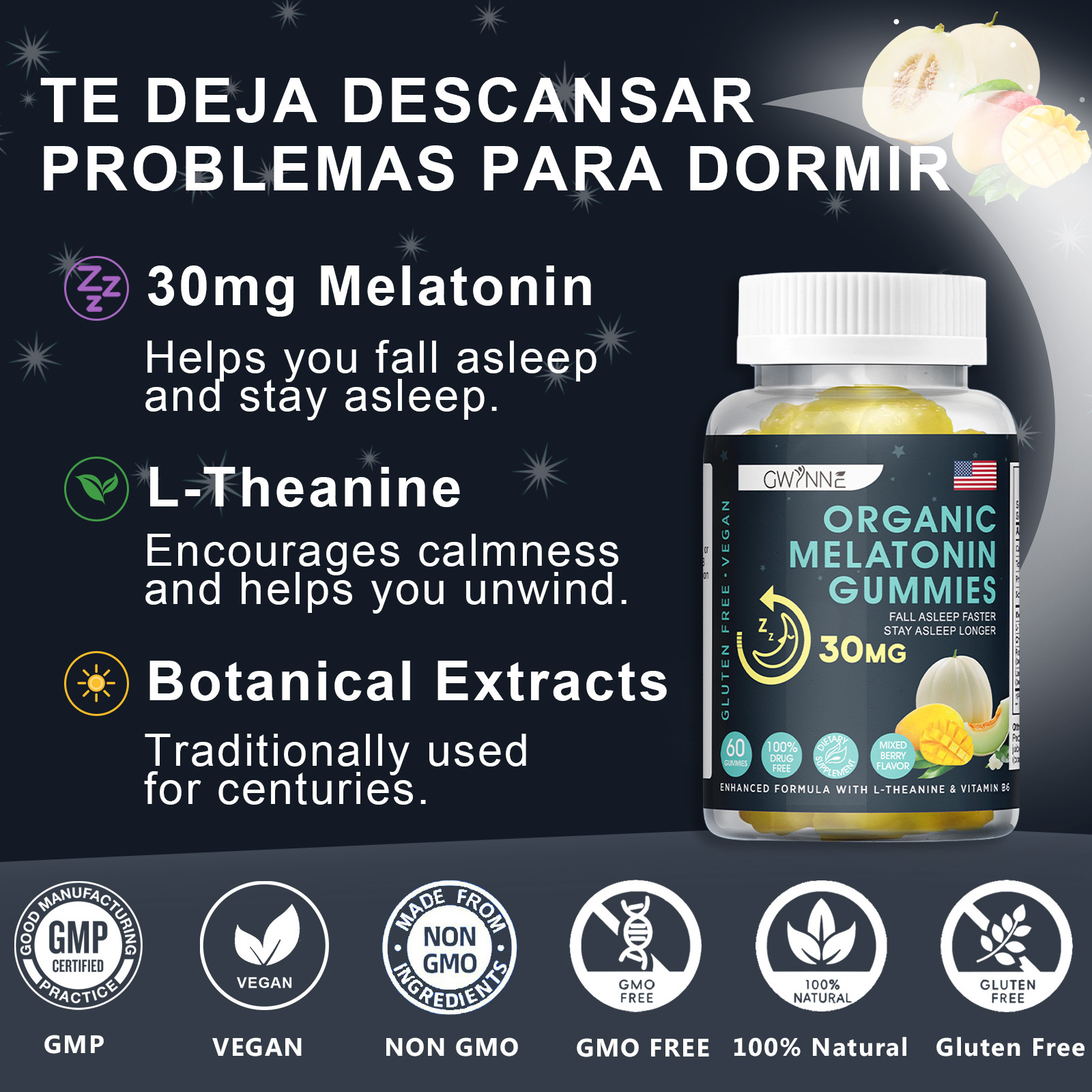 Premium Melatonin 30mg Gummies GWYNNE Ayuda a conciliar el sueño Tranquilidad y sueño prolongado Ayuda a aliviar el estrés Crecimiento muscular Suplemento dietético 60 Gummies