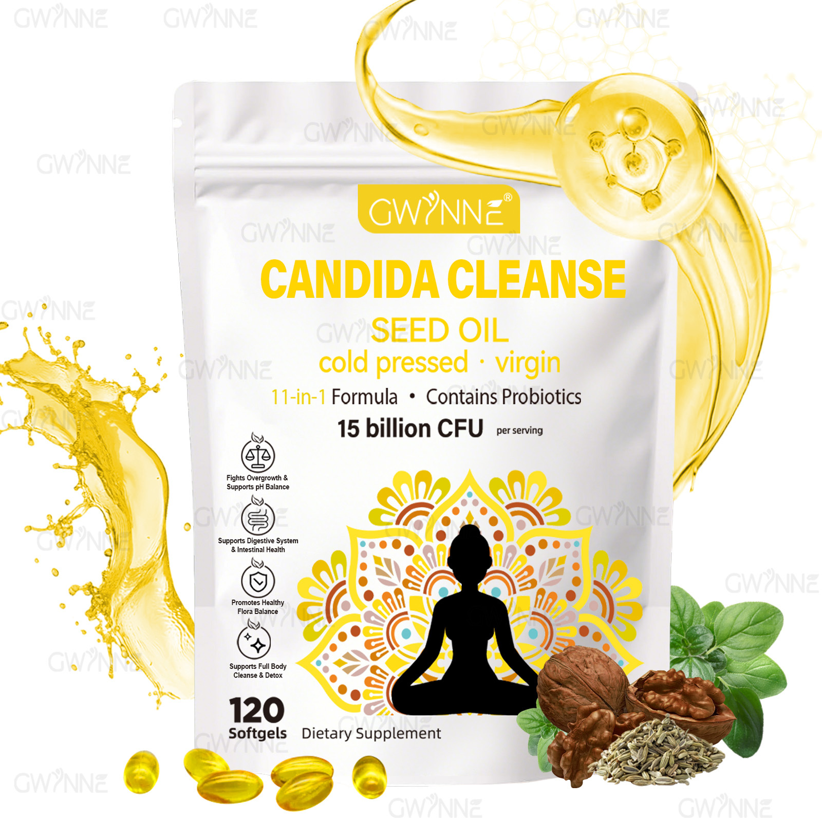 Gwynne Candida Cleanse Seed Oil Cápsulas,hierbas Naturales Para La Desintoxicación Intestinal Con 15 Billion Cfu,120 Cápsulas,11-in-1 Formula Con Hoja De Orégano,ácido Caprílico Y Probiotics