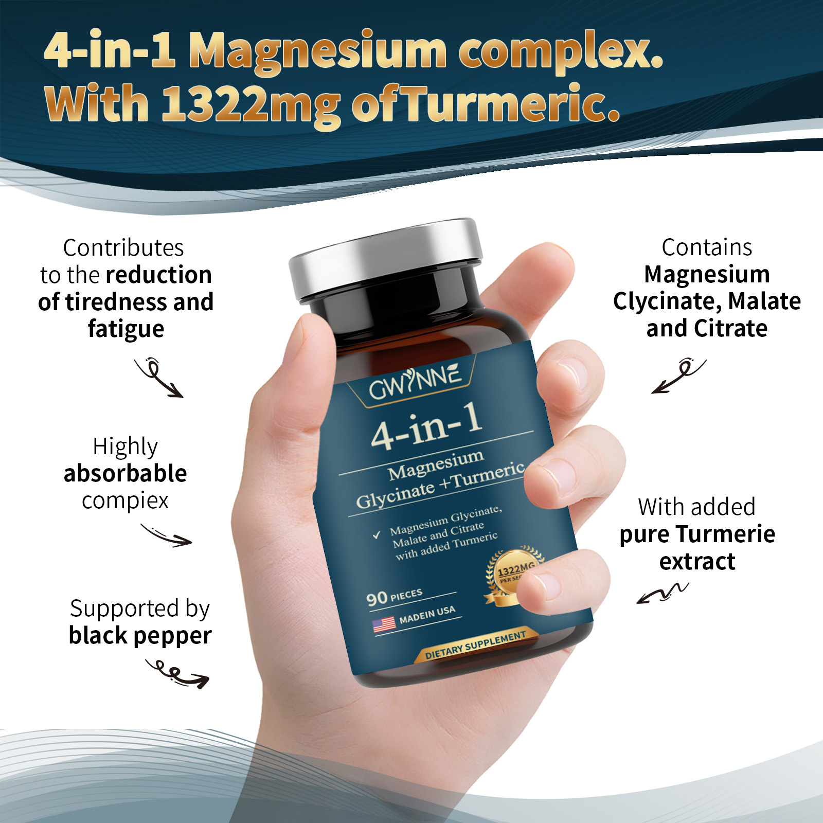 Gwynne 4 En 1 Triple Magnesium Complex:1322mg De Glicinato De Magnesio,malato De Magnesio Y Citrato De Magnesio,2000 Mg De Curcumina,para Fortalecer Los Músculos,los Nervios Y La Energía 90 Cápsulas