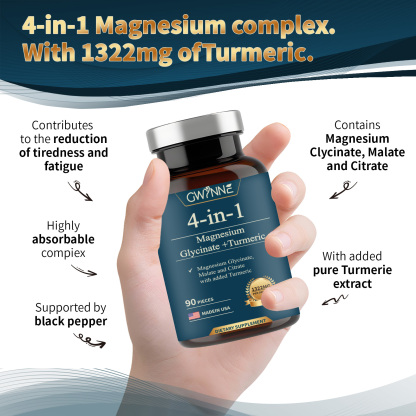 Gwynne 4 En 1 Triple Magnesium Complex:1322mg De Glicinato De Magnesio,malato De Magnesio Y Citrato De Magnesio,2000 Mg De Curcumina,para Fortalecer Los Músculos,los Nervios Y La Energía 90 Cápsulas