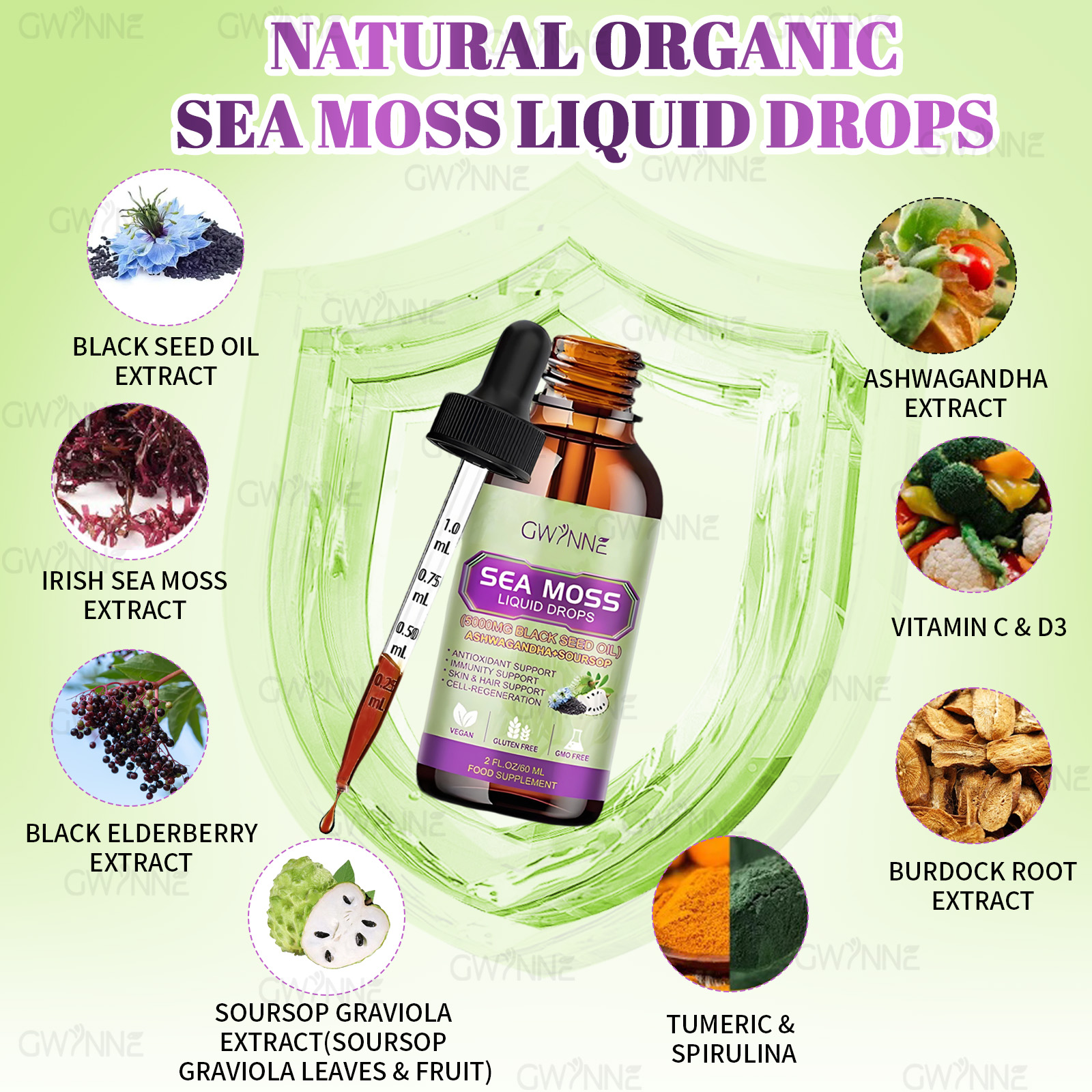 Gwynne Gotas Líquidas De Musgo Marino 5000mg 60ml - Irish Sea Moss Black Seed,suplemento Multimineral De Musgo Marino Apoyo Antioxidante, Inmunitario, Salud Intestinal