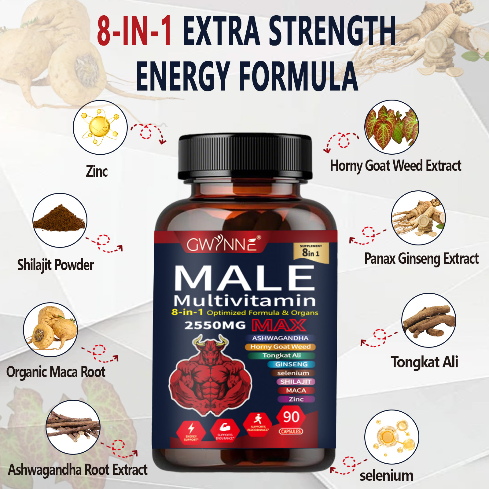 Gwynne Multivitamina Para Hombre 90 Cápsula,8 En 1 Multivitaminas Para Hombres Diarias 2550 Mg Max Con Zinc,shilajit,horny Goat Weed,etc,apoyo A La Energía Físicas