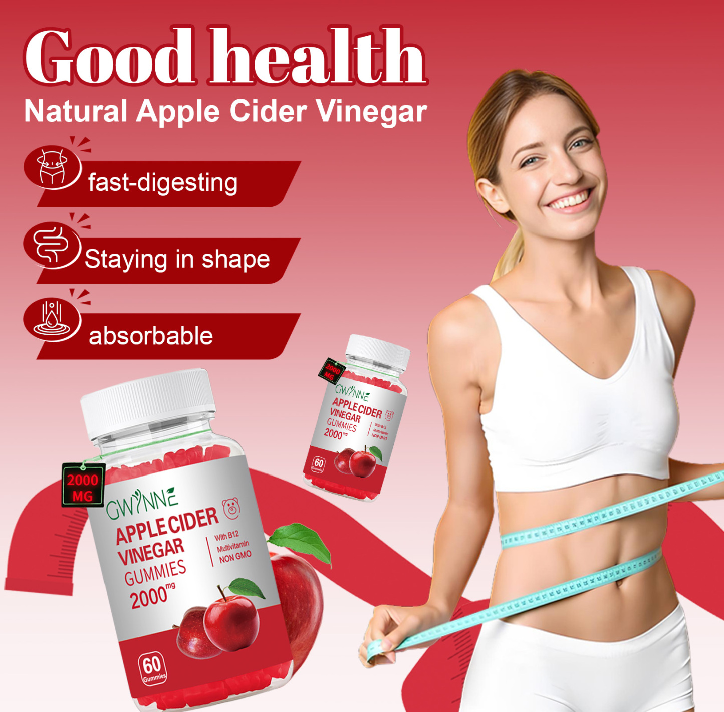 Gominolas Vinagre de manzana,Potencia Máxima 2000mg Contiene Vitaminas B12, B6, Ácido Fólico Y Probióticos Para La Salud Metabólica, Intestinal, Cutánea E Inmunológica,peso 60 gomitas