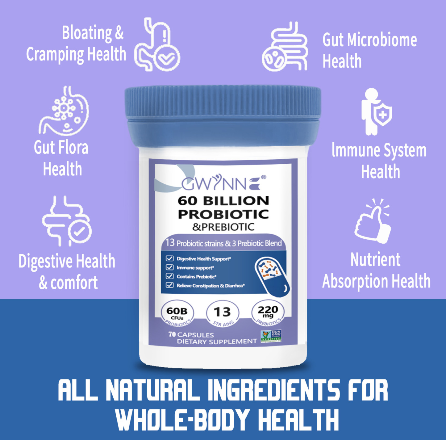 Gwynne vaginal Probióticos 60 Billion De Ucf 70 Cápsula,13Strains + 3Prebióticos Mezcla,salud Inmune,digestiva E Intestinal-Apoya El Estreñimiento,la Diarrea,apoyo Inmunológico Para Mujeres Y Hombres