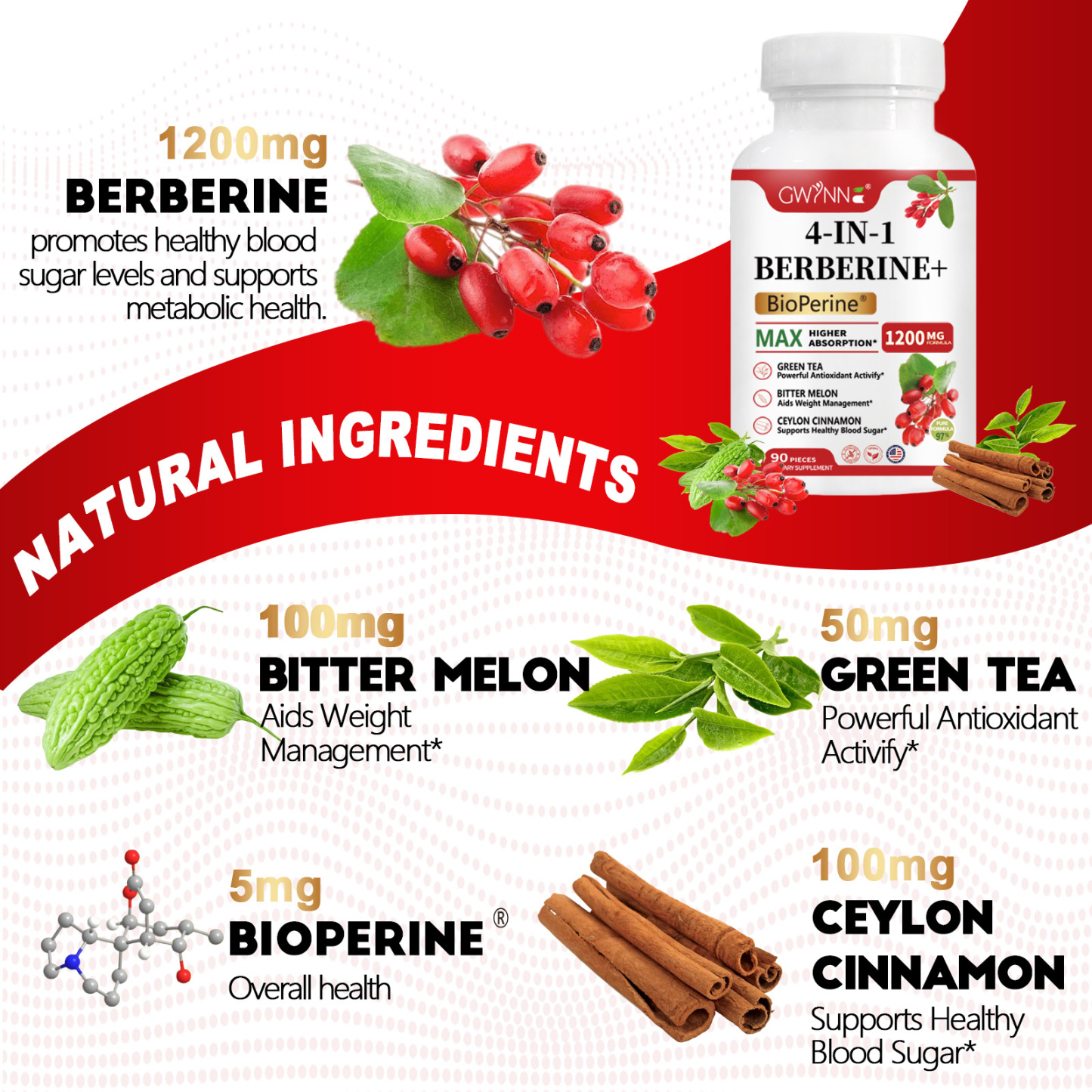 Gwynne 4 En 1 Berberina Y Bioperine 1200mg Con Melón Amargo,canela De Ceilán Y Extracto De Té Verde,apoyo A La Salud Del Corazón,sistema Inmunológico,gi Saludable,90 Cápsulas