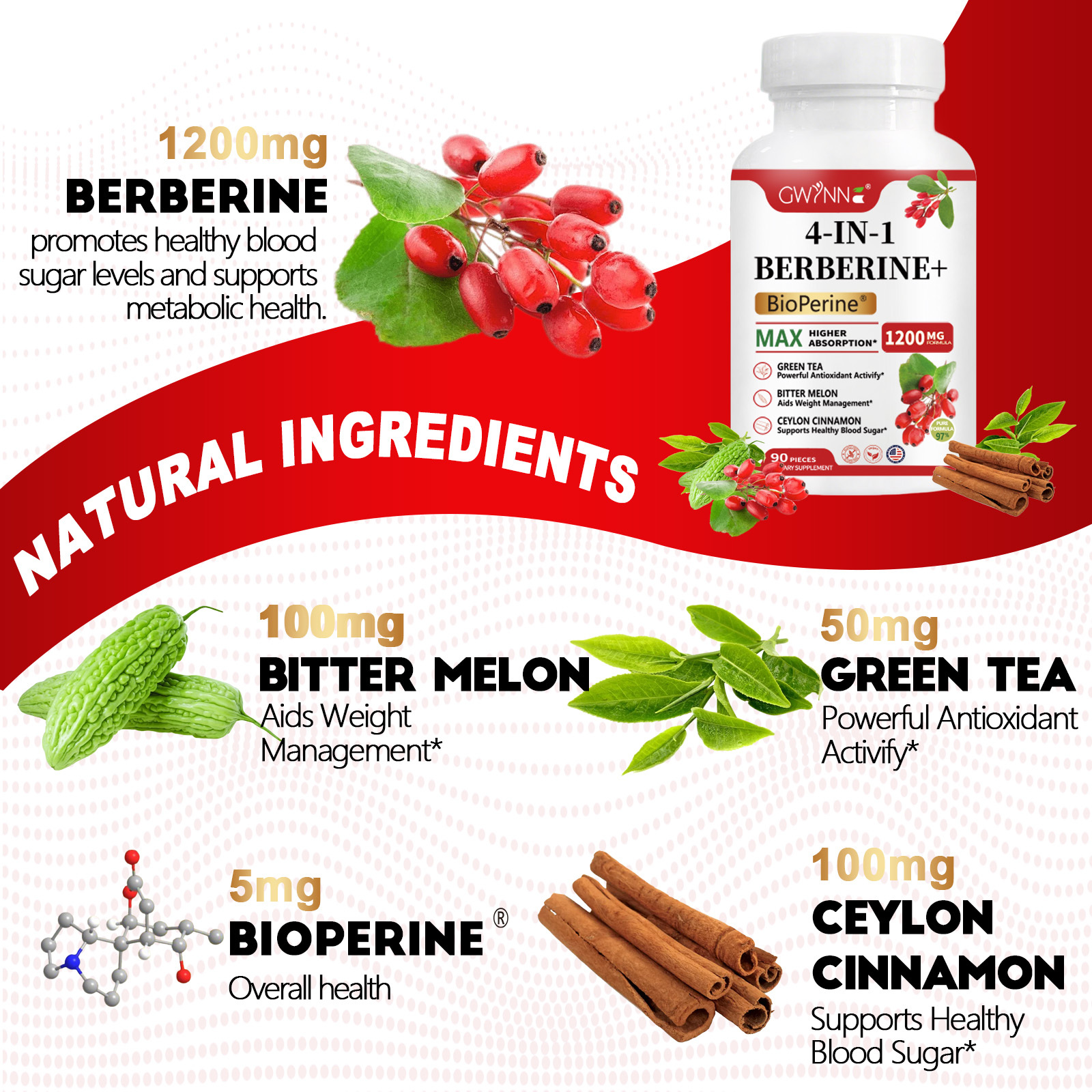 Gwynne 4 En 1 Berberina Y Bioperine 1200mg Con Melón Amargo,canela De Ceilán Y Extracto De Té Verde,apoyo A La Salud Del Corazón,sistema Inmunológico,gi Saludable,90 Cápsulas