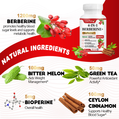 Gwynne 4 En 1 Berberina Y Bioperine 1200mg Con Melón Amargo,canela De Ceilán Y Extracto De Té Verde,apoyo A La Salud Del Corazón,sistema Inmunológico,gi Saludable,90 Cápsulas