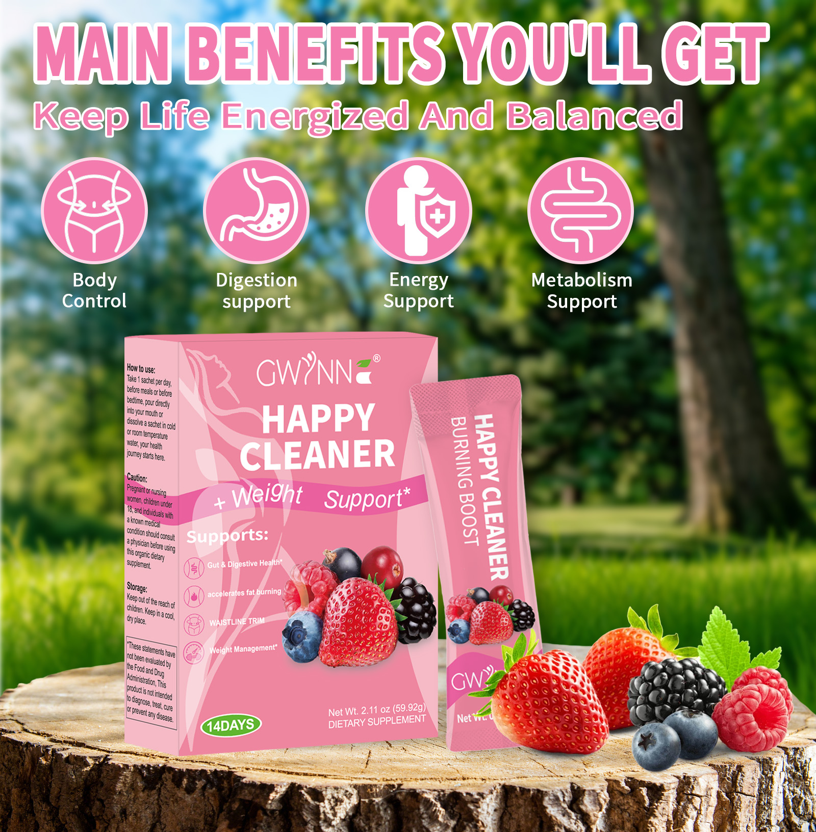 Gwynne Happy Cleaner Polvo Prebiótico Probiótico - Polvo De Mezcla De Bayas (14 Paquetes De Una Sola Porción) Con Frutas