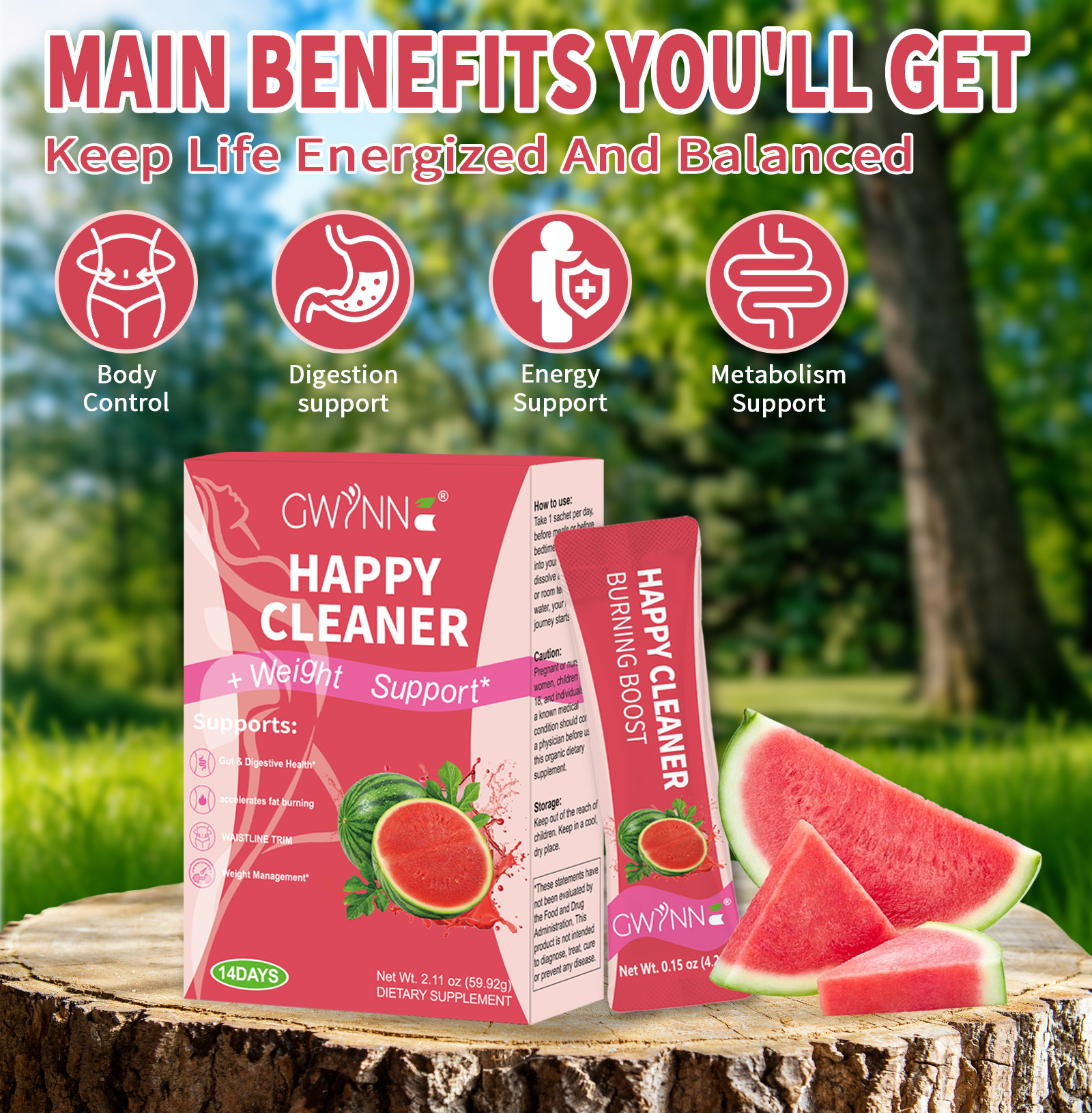 Gwynne Happy Cleaner Polvo Prebiótico Probiótico - Polvo De Mezcla De Sandía (14 Paquetes De Una Sola Porción) Con Frutas