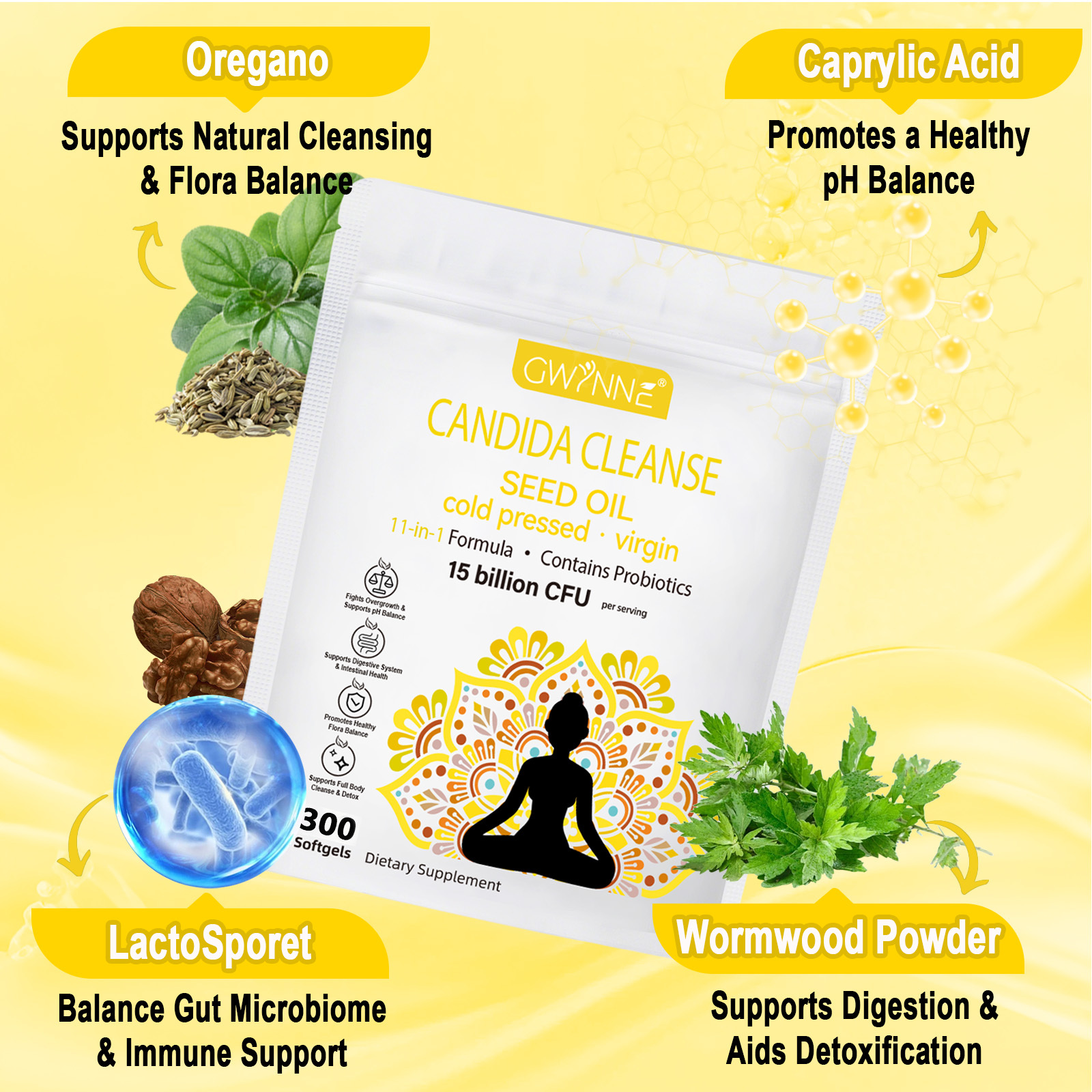 Gwynne Candida Cleanse Seed Oil Cápsulas,hierbas Naturales Para La Desintoxicación Intestinal Con 15 Billion Cfu,300 Cápsulas,11-in-1 Formula Con Hoja De Orégano,ácido Caprílico Y Probiotics