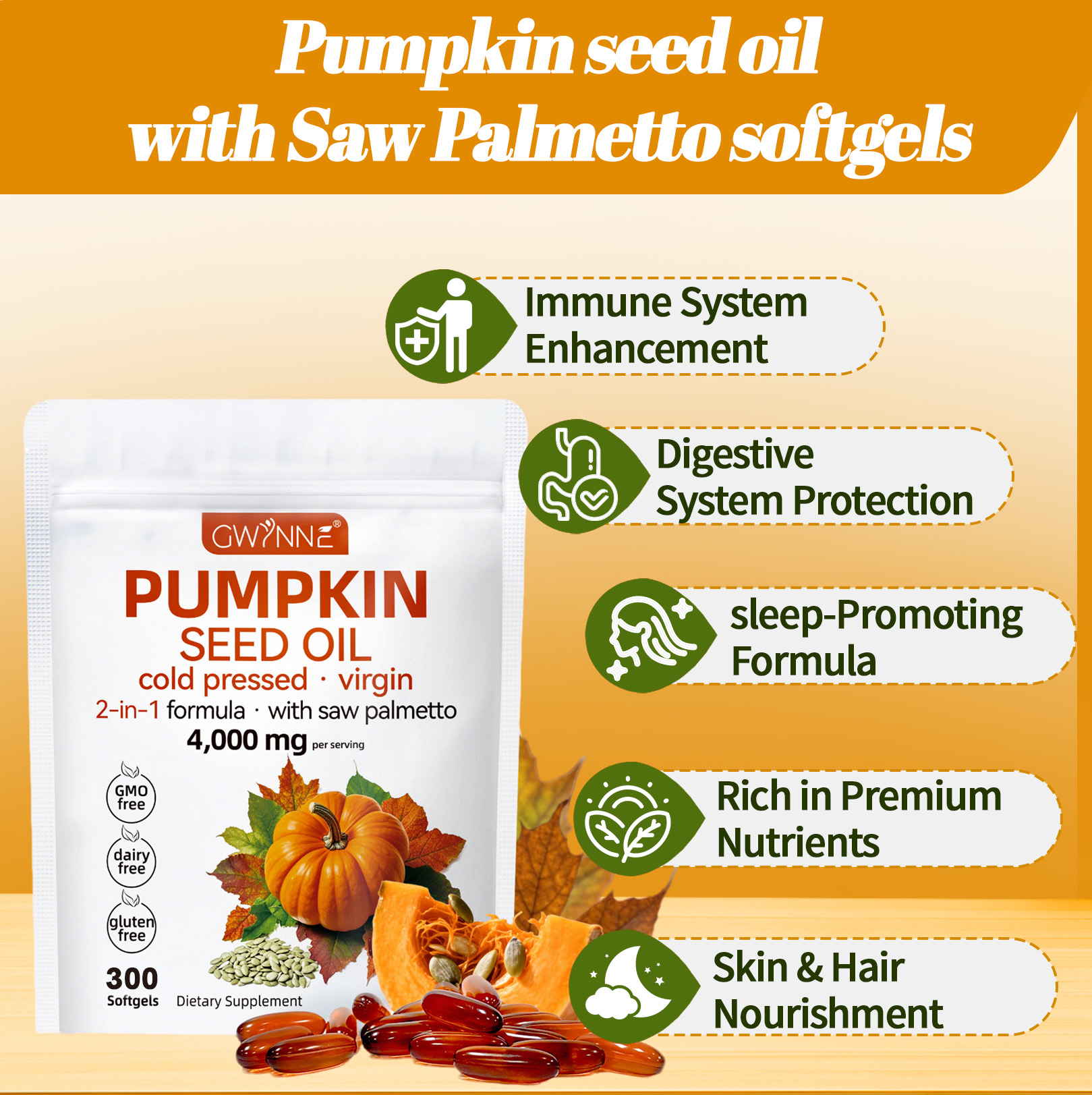 Gwynne 4000mg Cápsulas De Aceite De Semilla De Calabaza,cold Pressed,pure Virgin Oil,apoyar La Salud Del Cabello,el Sistema Urinario Y La Próstata,rico En Ácidos Grasos Y Phytosterols 300cápsulas