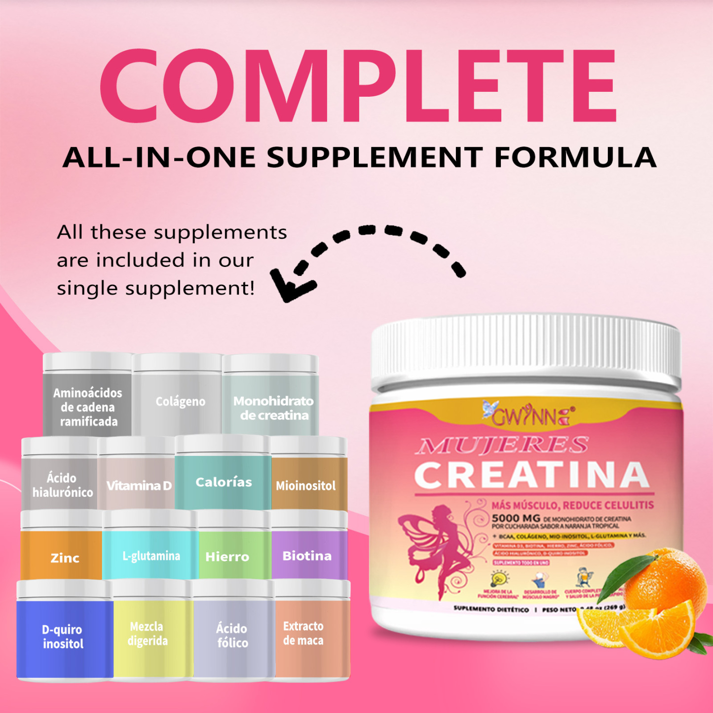 Gwynne Suplemento De Creatina Para Mujeres 269g-5000mg De Creatina,con Colágeno,mioinositol Y Bcaa,apoya El Desarrollo Muscular,la Elasticidad De La Piel,el Cabello Saludable Y Las Uñas