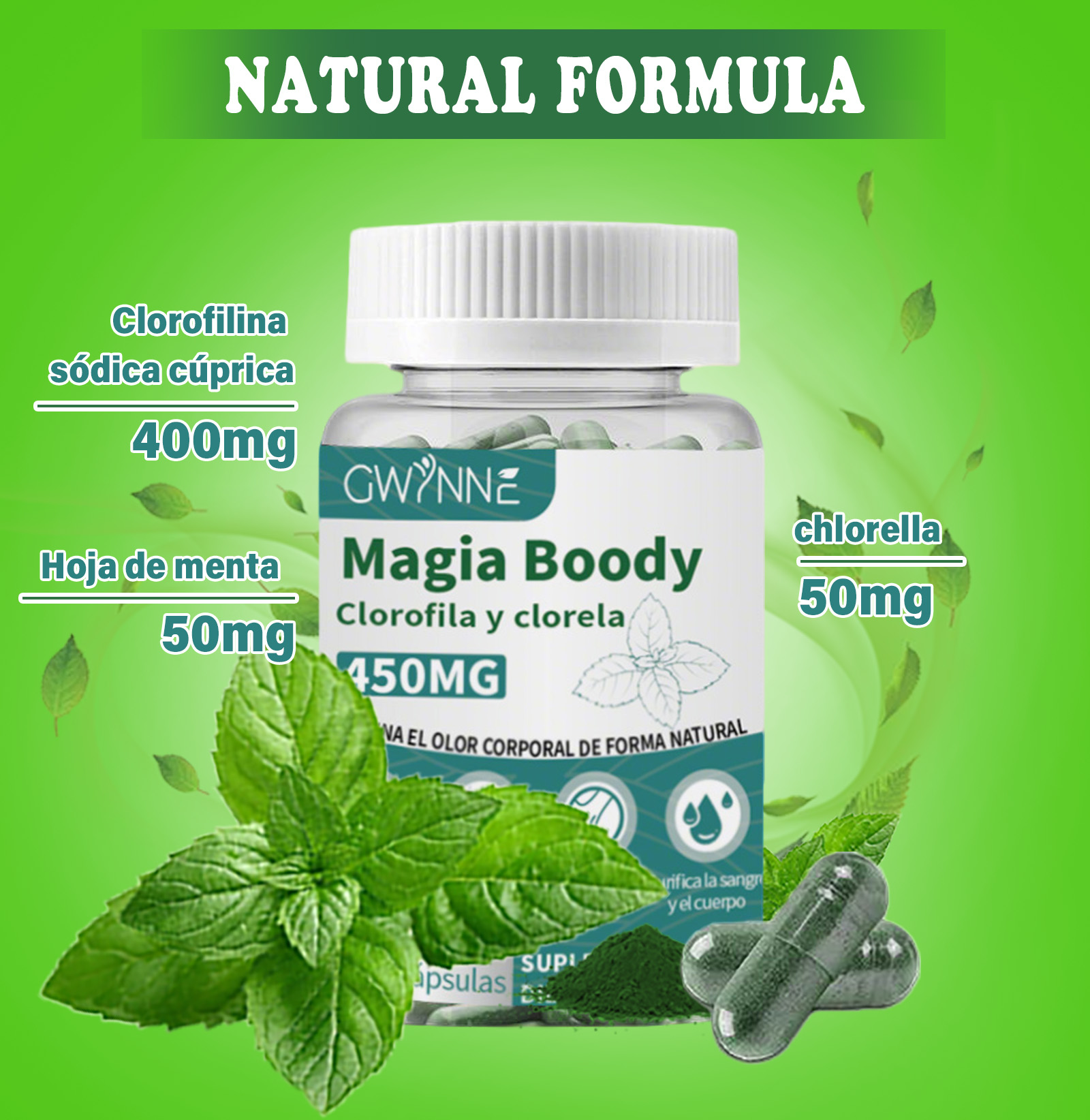 Gwynne Boody Magic Tabletas De Clorofila Natural Para El Olor Corporal Femenino Contiene 450 Mg De Clorofila Y Chlorella, Suplemento Desodorante Corporal Para Hombres Y Mujeres,60 Cápsulas