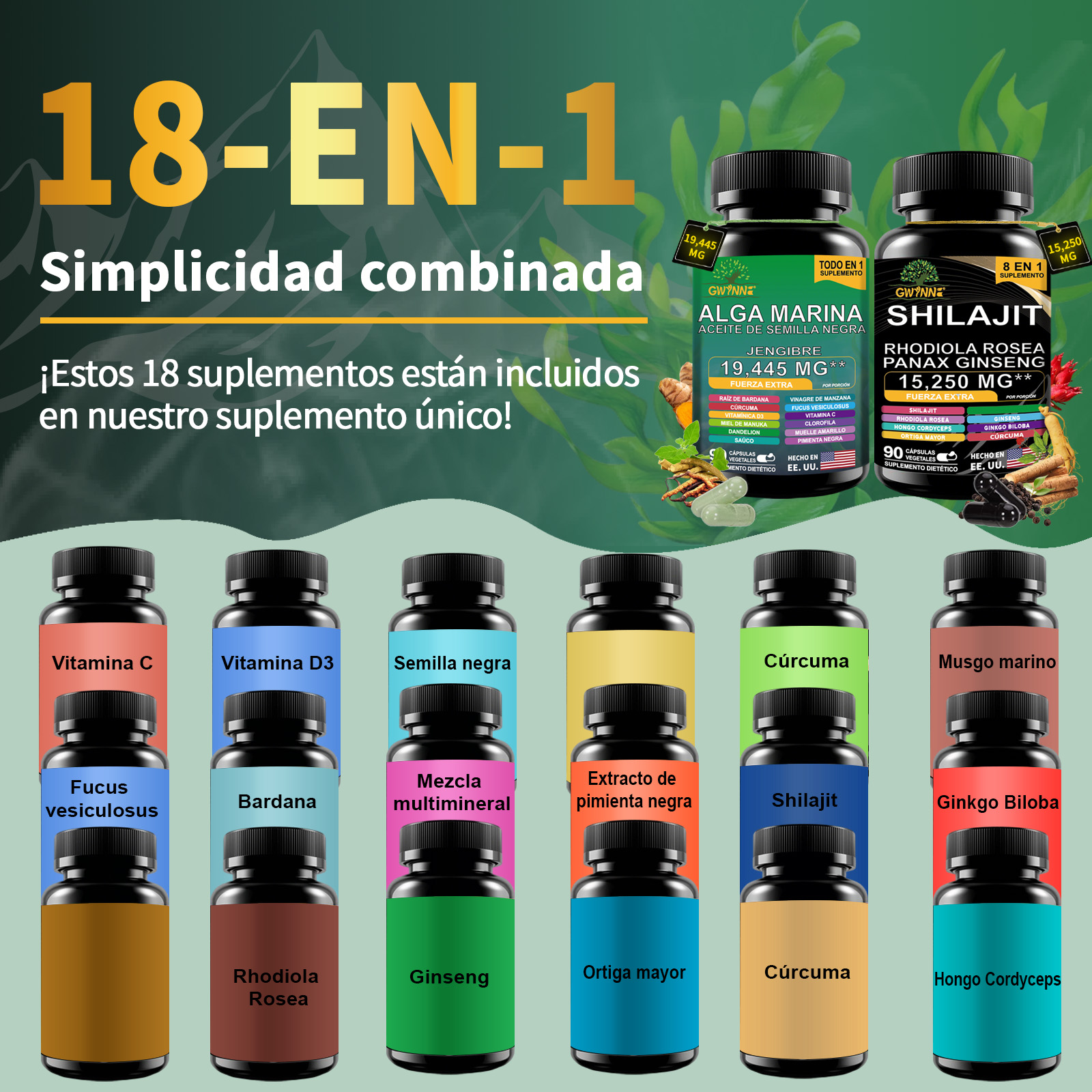 Gwynne All In 1 Shilajit Y Sea Moss Bundle 90 Cápsulas-contiene 29170 Mg De Musgo Marino, Aceite De Semilla Negra, Etc Y Contiene 22875 Mg De Shilajit,rhodiola Rosea, Etc