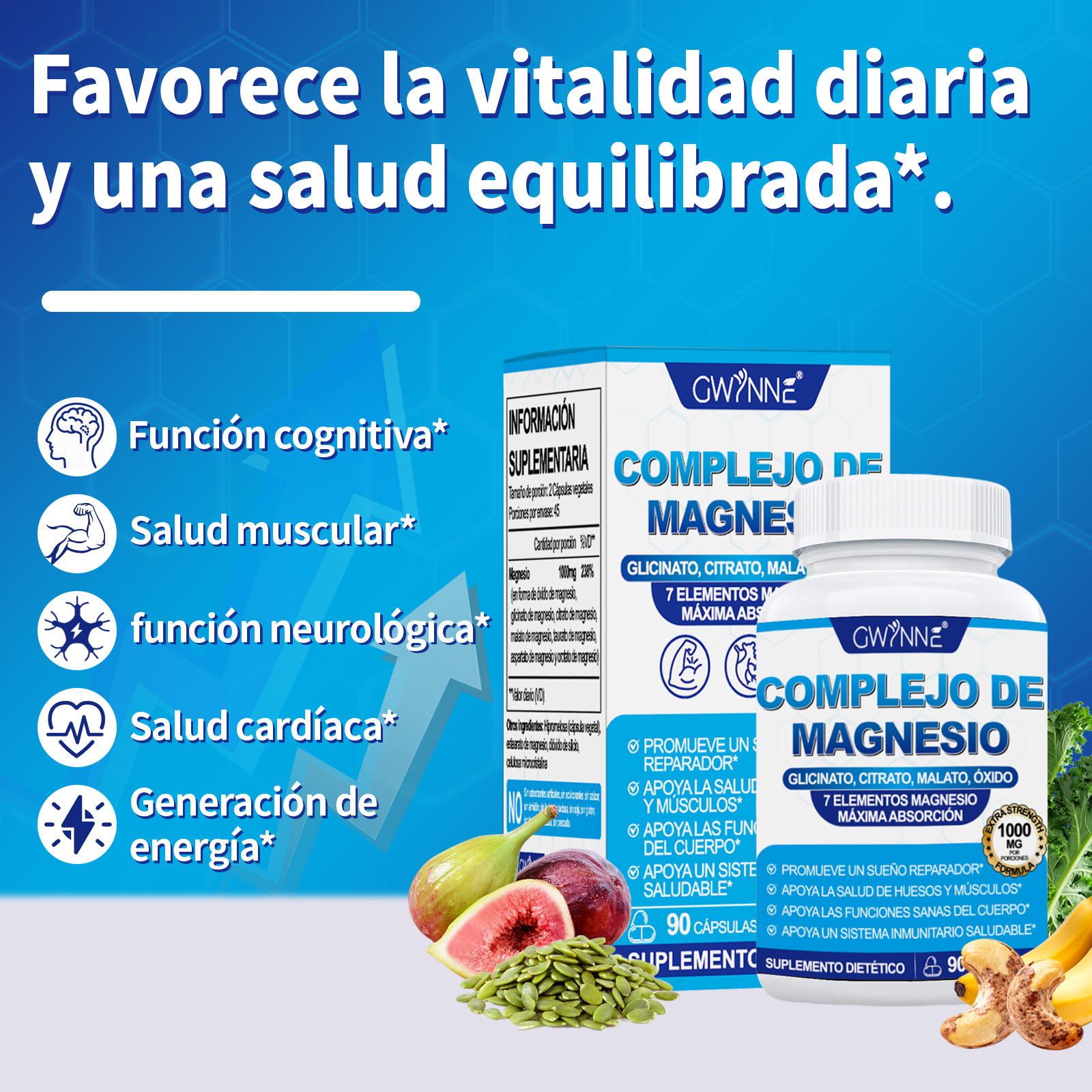 Gwynne Suplemento Complejo De Magnesio 7 Elemental 1000mg - Glicinato,citrato,malato,taurato De Magnesio, Quelatado Para Fácil Absorción Para Huesos,músculos,recuperación,energía,90 Cápsulas
