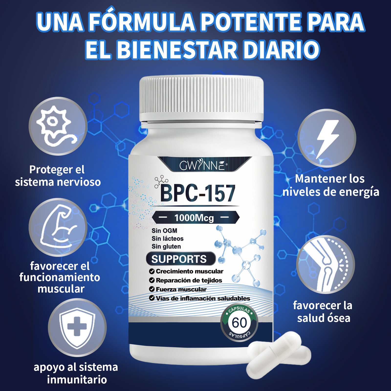 Gwynne Cápsulas De Péptidos Bpc-157 De Alta Potencia Para La Recuperación Muscular Y Del Ejercicio, Recuperación Acelerada Y Curación Intestinal 1000mcg 60 Cápsulas