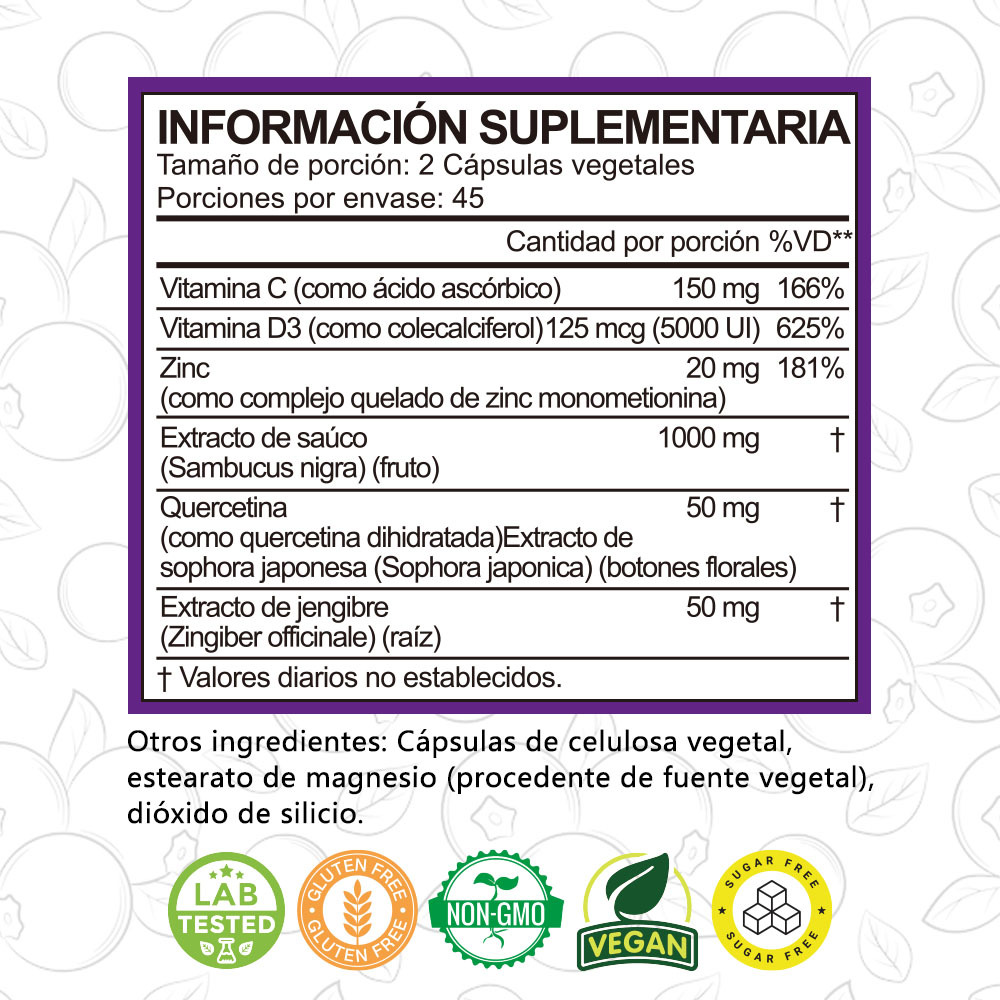 Gwynne Sambucus 6 En 1 Suplemento Con Extracto De Sauco 1000mg,vitamina C,d3,zinc Y Quercetina,soporte Inmunitario,alivio De Alergias Y Salud Respiratoria,90 Cápsulas