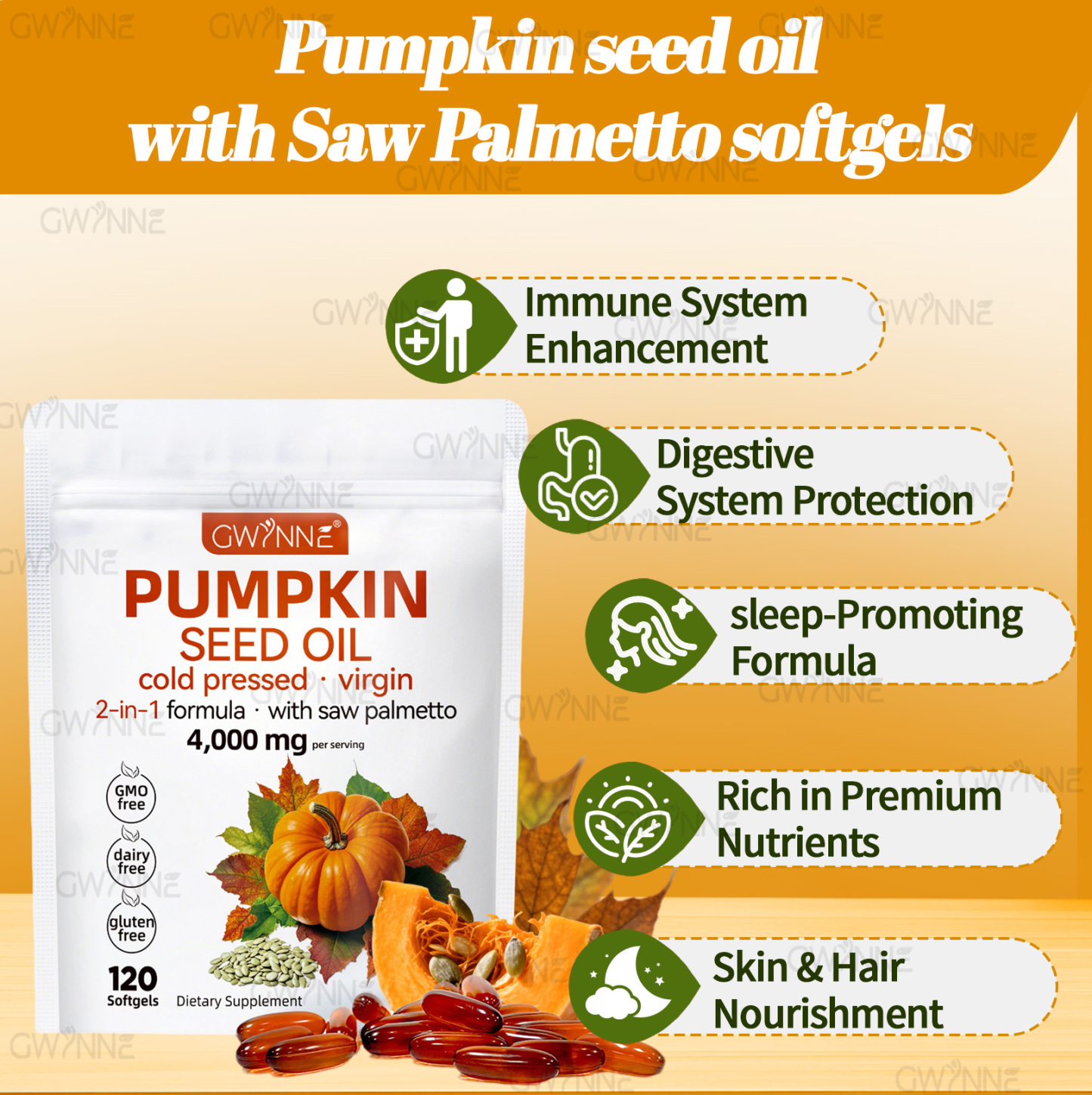 Gwynne 4000mg Cápsulas De Aceite De Semilla De Calabaza,Cold Pressed,Pure Virgin Oil,Apoyar la salud del cabello,el sistema urinario y la próstata,rico En Ácidos Grasos y Phytosterols 120cápsulas