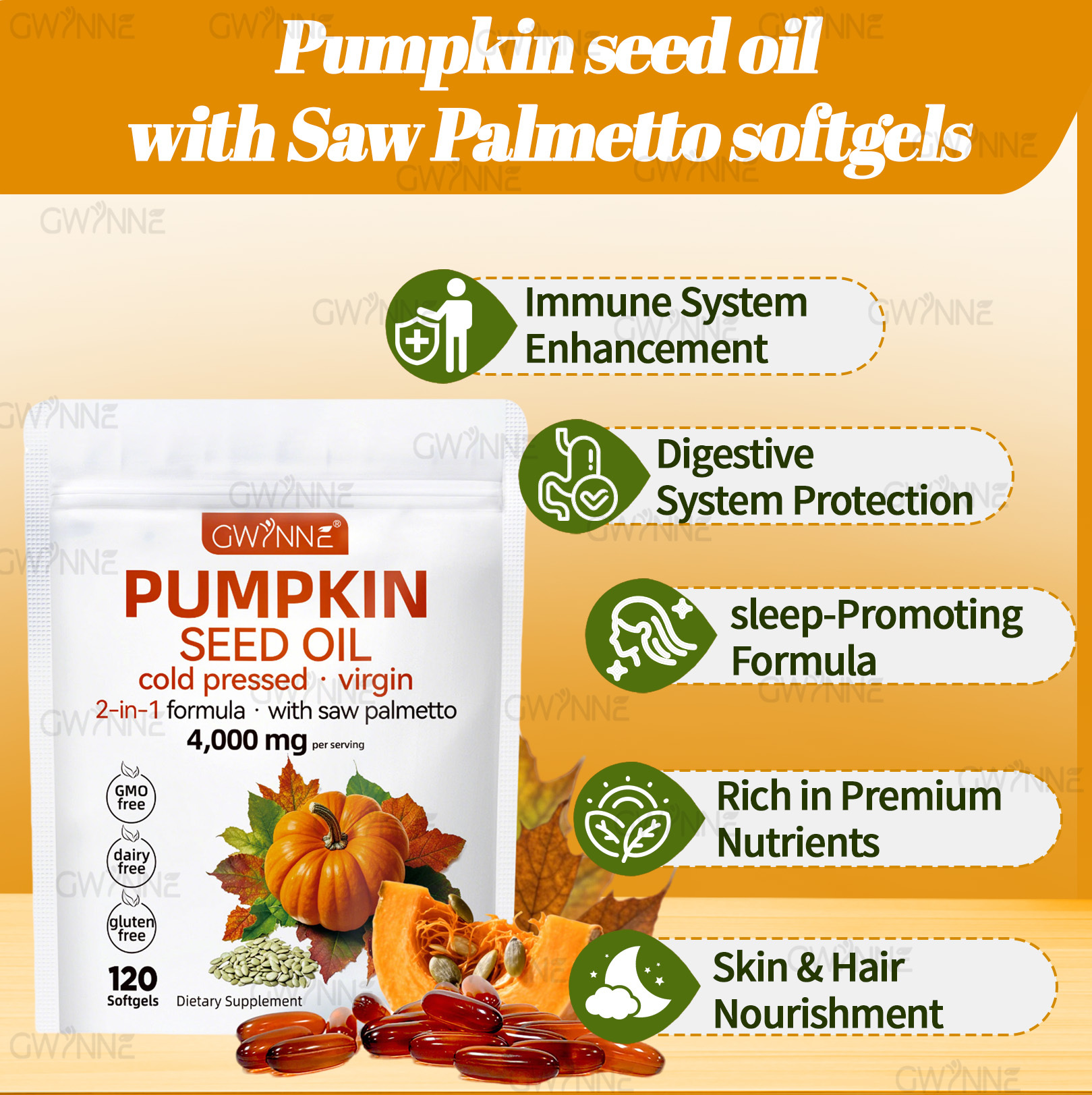 Gwynne 4000mg Cápsulas De Aceite De Semilla De Calabaza,Cold Pressed,Pure Virgin Oil,Apoyar la salud del cabello,el sistema urinario y la próstata,rico En Ácidos Grasos y Phytosterols 120cápsulas