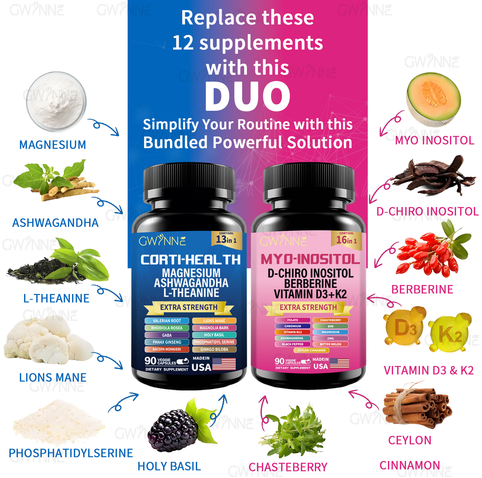 Gwynne Suplemento De Cortisol 90 Cápsulas + Suplemento De Inositol Myo-inositol Y D 90 Cápsulas,con Glicinato De Magnesio,vitamina B12 Y K2