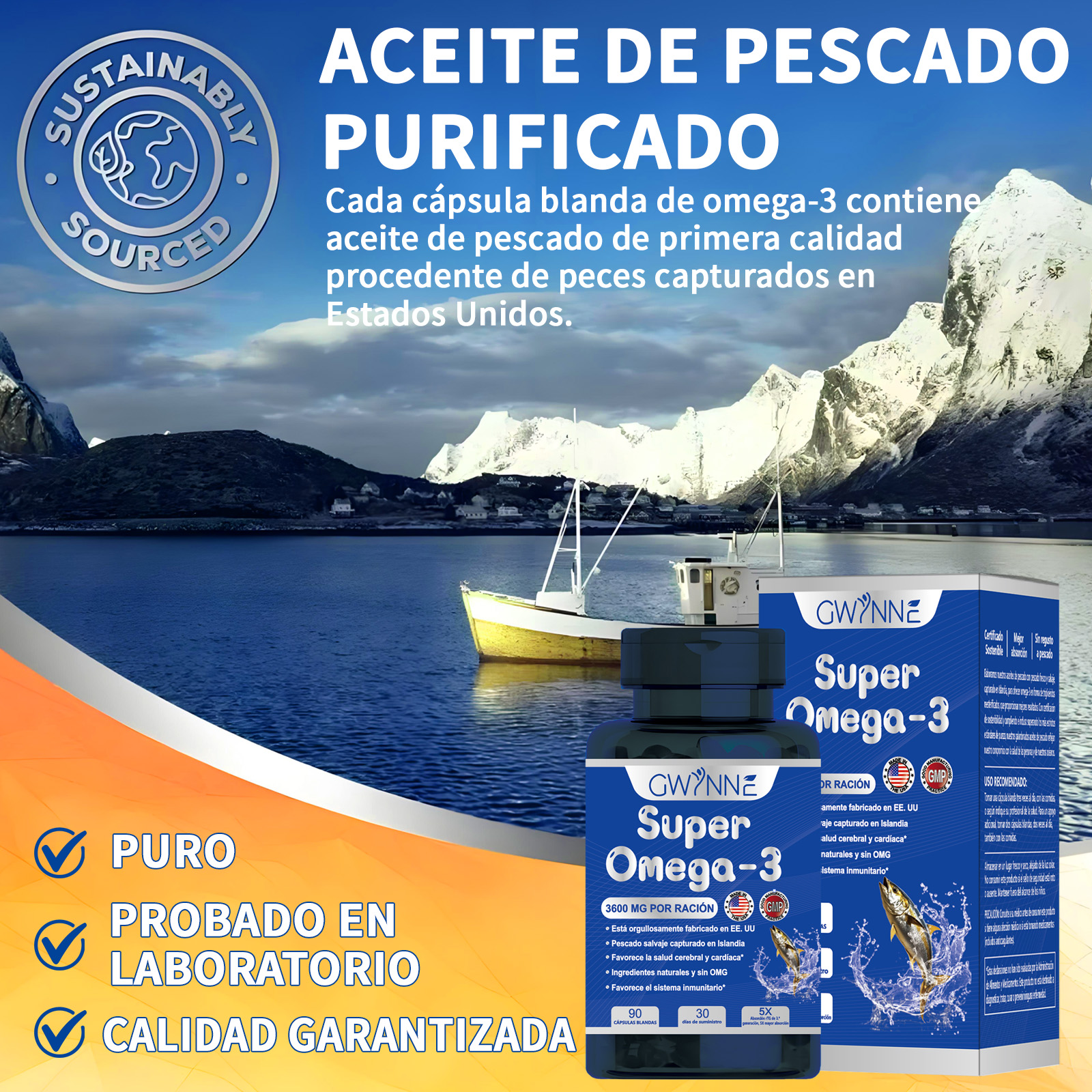 Gwynne Super Omega 3 Premium Aceite De Pescado 3600mg,pescado Salvaje De Islandia,salud Cerebral,salud Del Corazón,apoyo A La Salud De La Inflamación,apoyo A La Salud Del Colesterol, orégano 90Cápsul