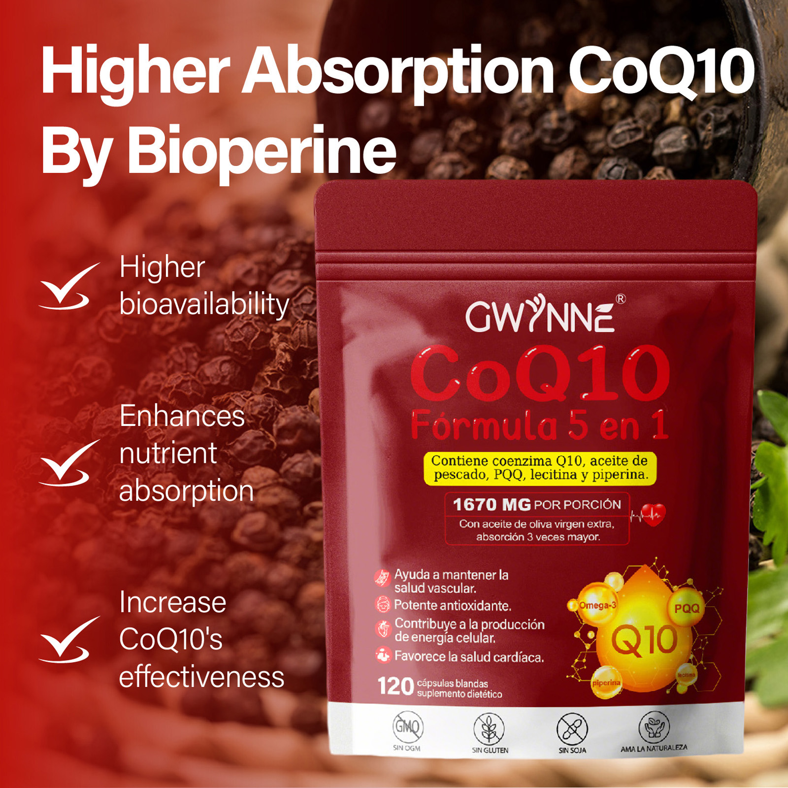 Gwynne Coq10 Cápsulas,120 Cápsulas,con Pqq,400 Mg Coq10 Y 1200 Mg Omega-3,salud Cerebral Y Cardíaca, Hígado,hueso Y Apoyo Antioxidante
