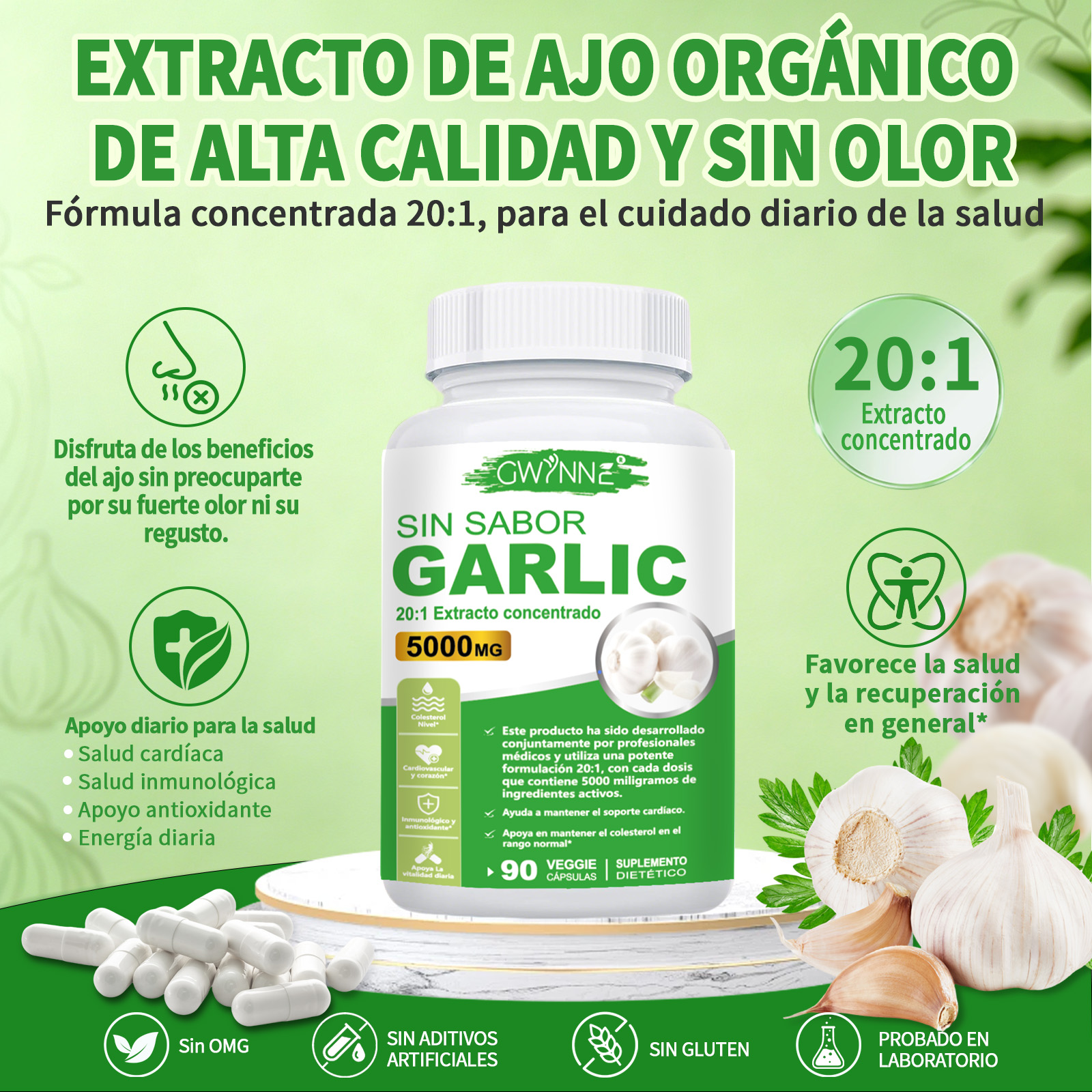 Gwynne Sin Sabor Garlic 20:1 Extracto Concentrado 90 Cápsulas,5000 Mg De Fuerza,mantener Los Niveles De Colesterol,apoyar El Corazón,antioxidantes