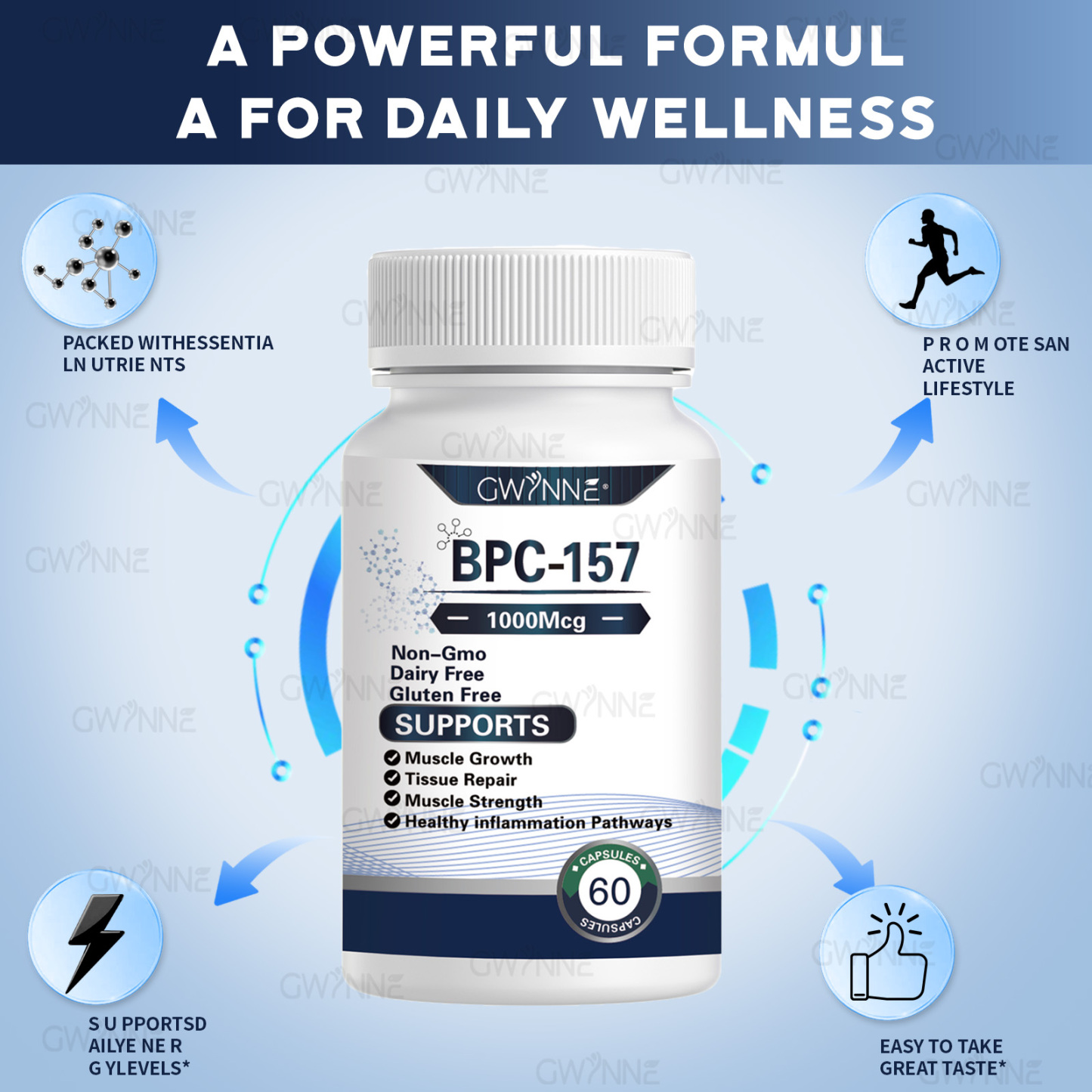 Gwynne Cápsulas De Péptidos Bpc-157 De Alta Potencia Para La Recuperación Muscular Y Del Ejercicio, Recuperación Acelerada Y Curación Intestinal 1000mcg 60 Cápsulas