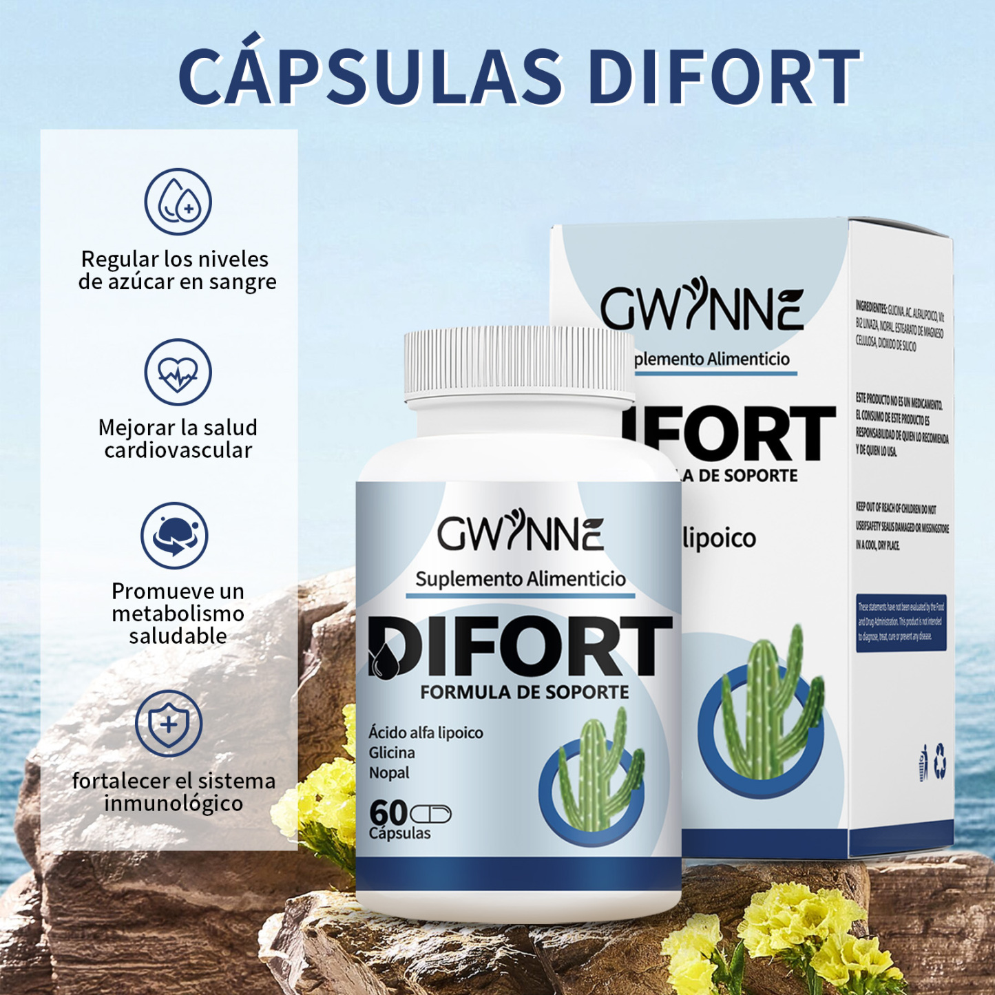 Gwynne Difort, Calmante, Reduce El Azúcar En La Sangre, Life Extension 60 Cápsulas