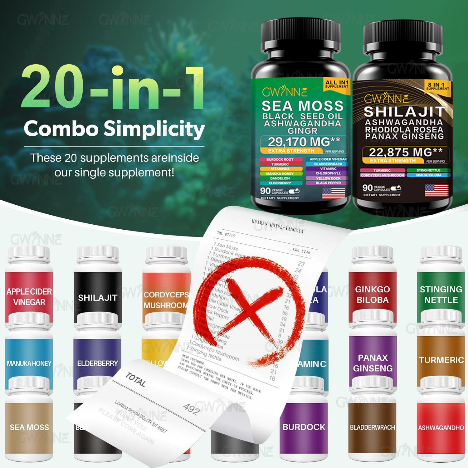 Gwynne All In 1 Shilajit Y Sea Moss Bundle 90 Cápsulas-contiene 29170 Mg De Musgo Marino, Aceite De Semilla Negra, Etc Y Contiene 22875 Mg De Shilajit,rhodiola Rosea, Etc