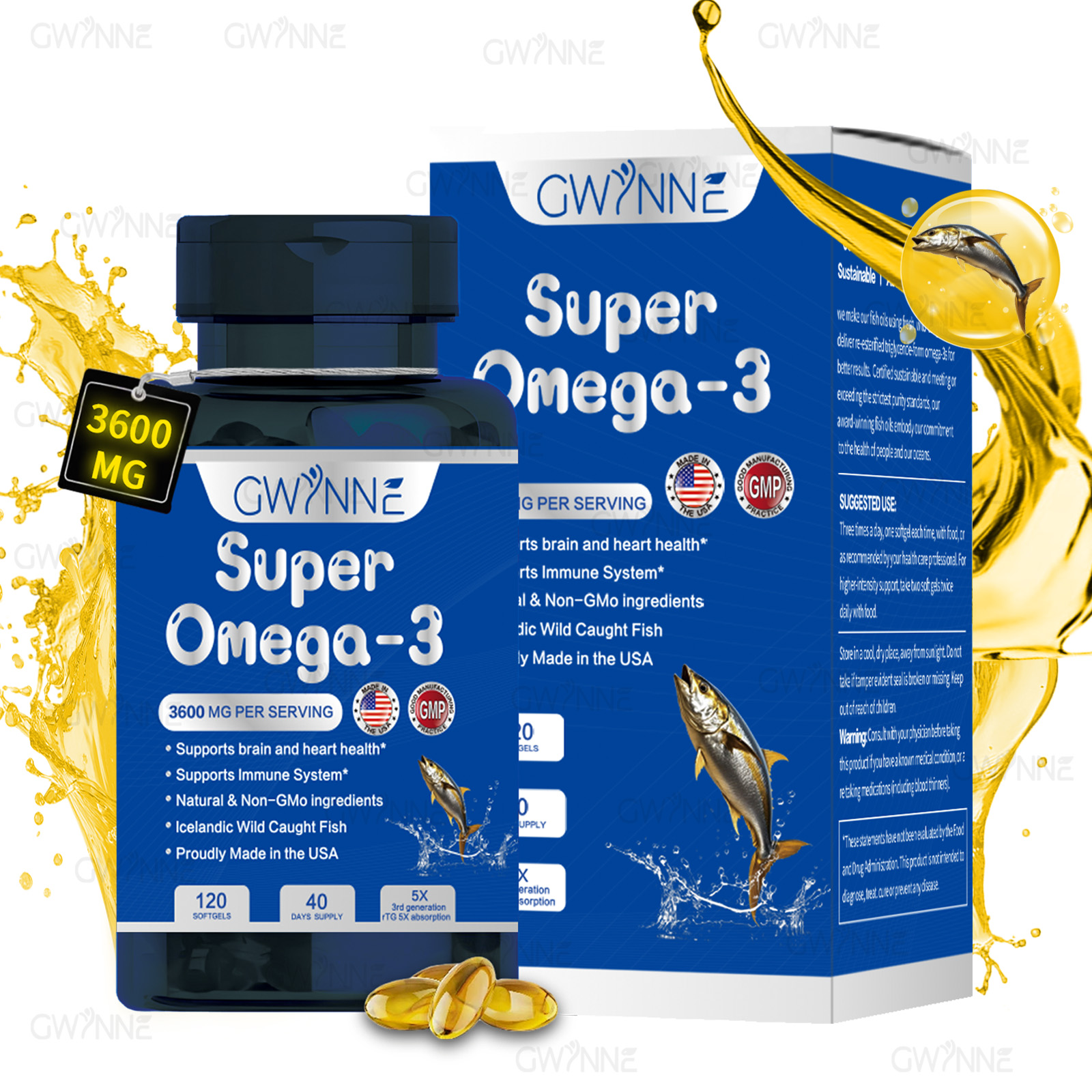 Gwynne Super Omega 3 Premium 3600mg Aceite De Pescado,orégano,pescado Salvaje De Islandia,salud Cerebral,salud Del Corazón,apoyo A La Salud De La Inflamación,apoyo A La Salud Del Colesterol 120Cápsula