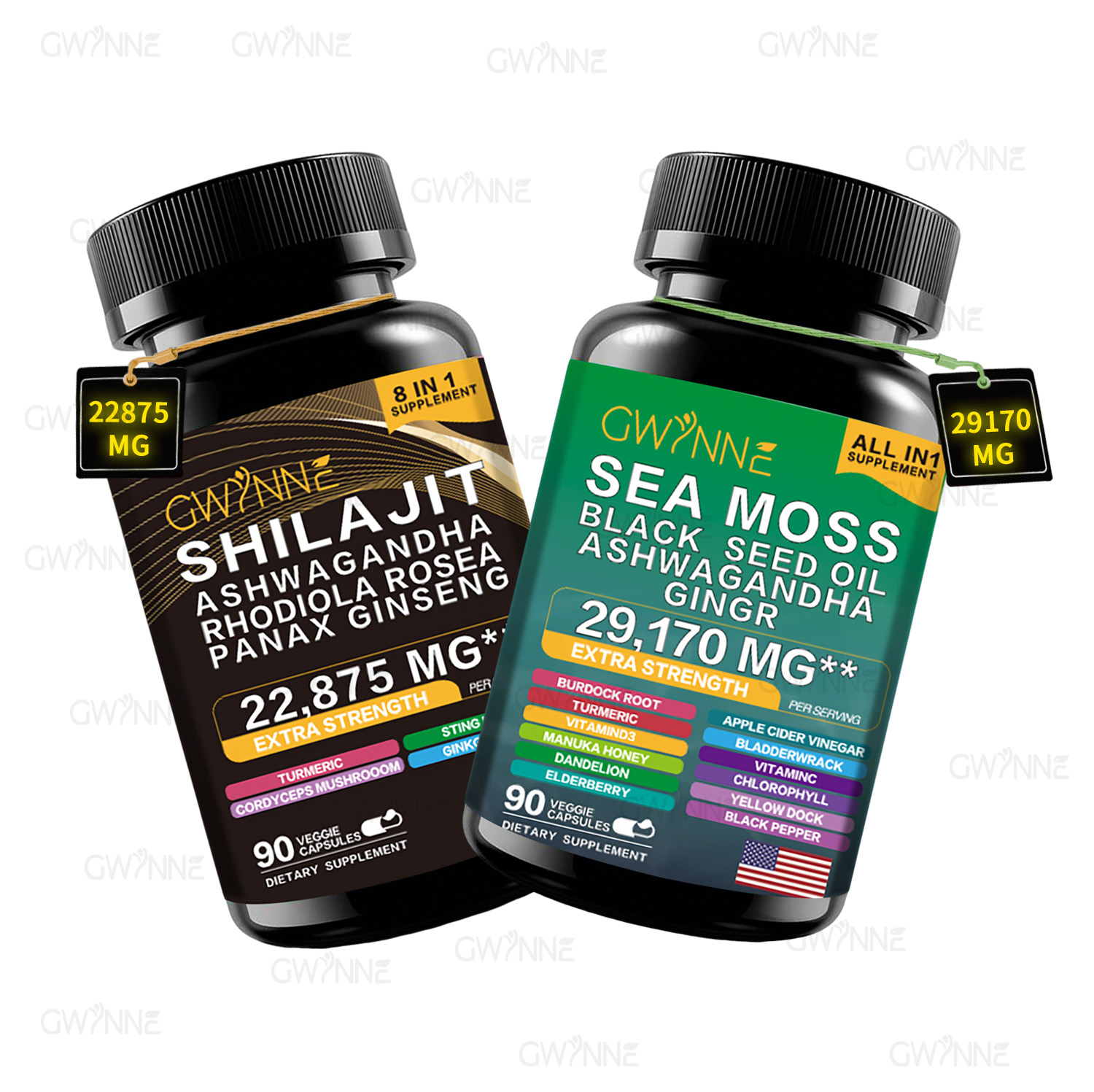 Gwynne All In 1 Shilajit Y Sea Moss Bundle 90 Cápsulas-contiene 29170 Mg De Musgo Marino, Aceite De Semilla Negra, Etc Y Contiene 22875 Mg De Shilajit,rhodiola Rosea, Etc