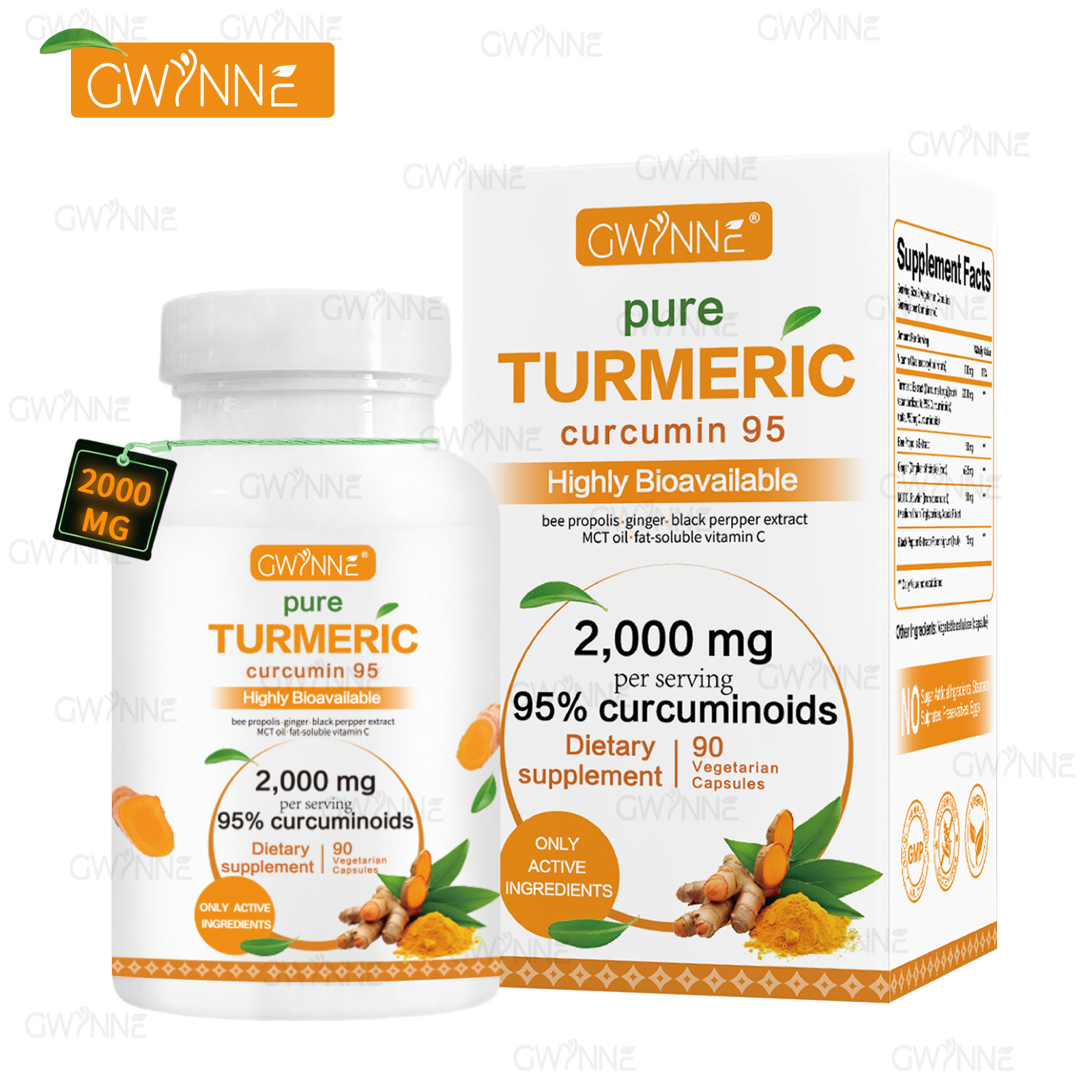 Gwynne Turmeric Cúrcuma 2000mg Con Extracto De Raíz De Cúrcuma Estandarizada Al 95% Y Pimienta Negra Al - Suplemento Alimenticio,Antioxidantes 90 Cápsulas
