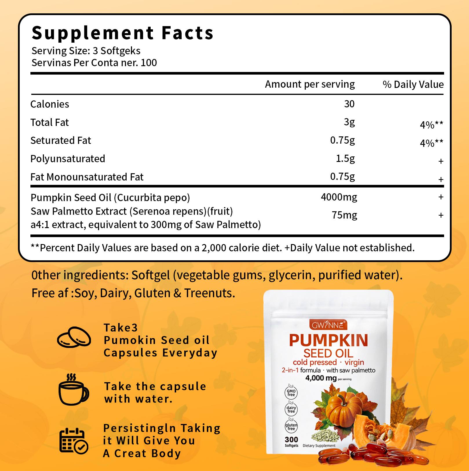 Gwynne 4000mg Cápsulas De Aceite De Semilla De Calabaza,cold Pressed,pure Virgin Oil,apoyar La Salud Del Cabello,el Sistema Urinario Y La Próstata,rico En Ácidos Grasos Y Phytosterols 300cápsulas