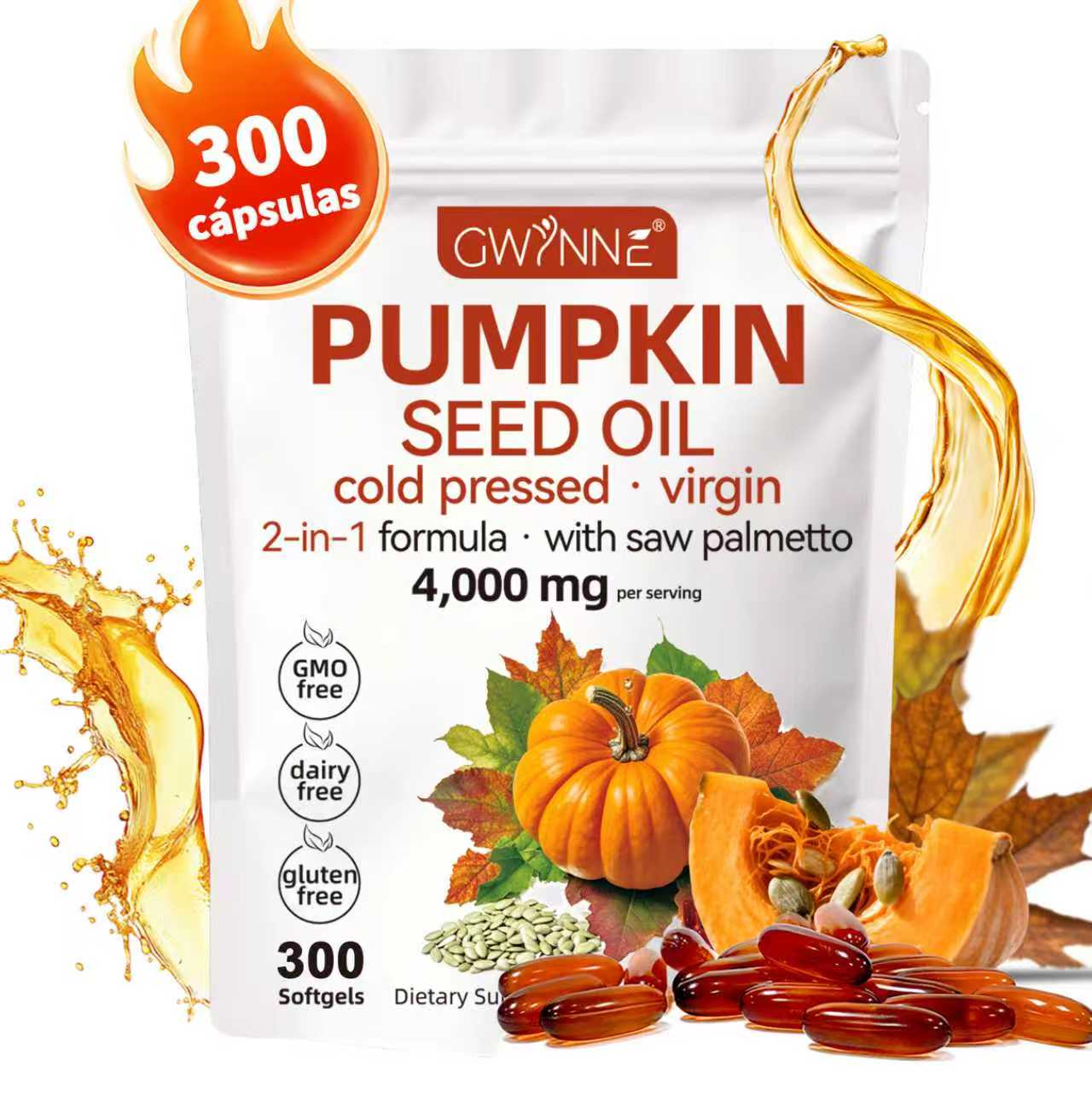Gwynne 4000mg Cápsulas De Aceite De Semilla De Calabaza,cold Pressed,pure Virgin Oil,apoyar La Salud Del Cabello,el Sistema Urinario Y La Próstata,rico En Ácidos Grasos Y Phytosterols 300cápsulas