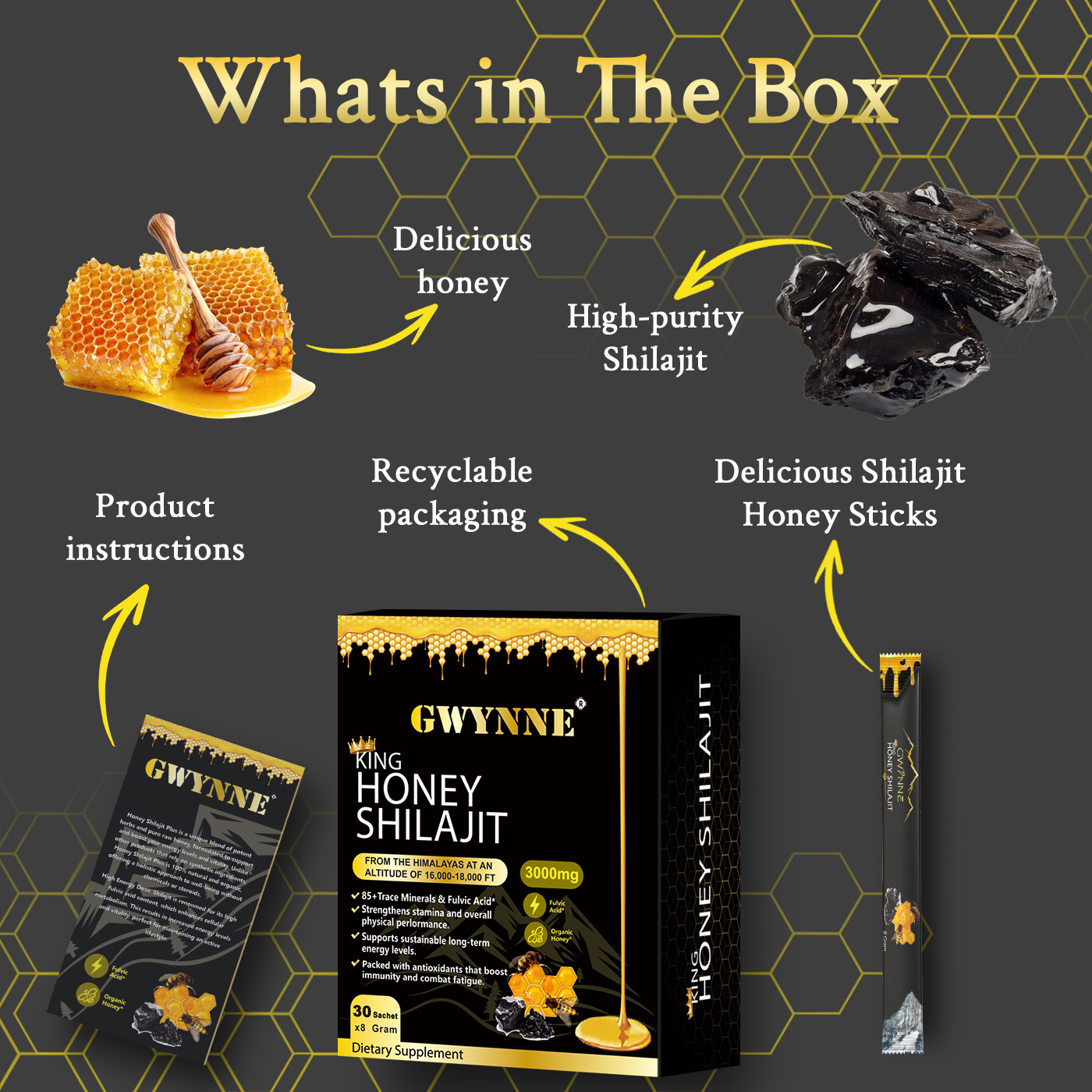Gwynne Shilajit Honey Sticks Suplementos 30 Sticks Puro Del 3000mg Himalaya 85 Micronutrientes Apto Para Hombres Y Mujeres 100% Natural Orgánico
