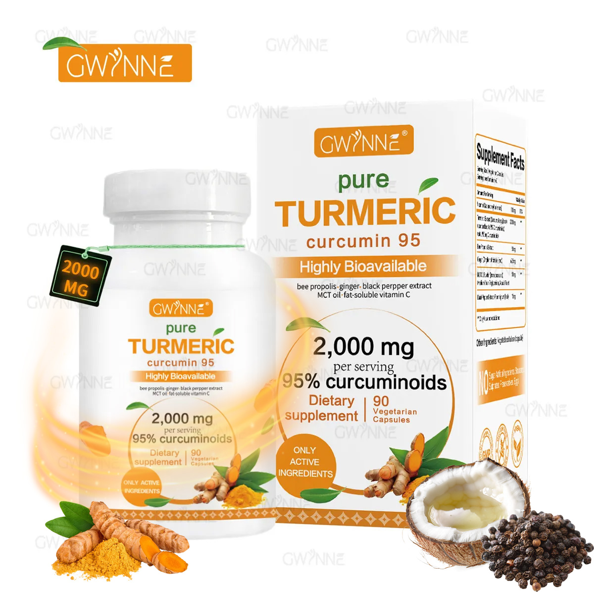 Gwynne Turmeric Cúrcuma 2000mg Con Extracto De Raíz De Cúrcuma Estandarizada Al 95% Y Pimienta Negra Al - Suplemento Alimenticio,Antioxidantes 90 Cápsulas