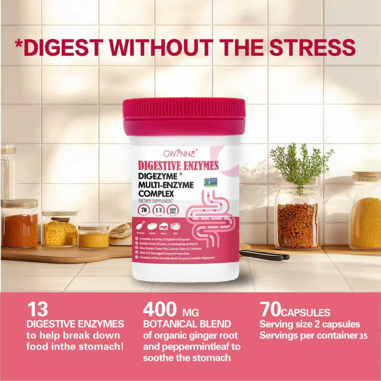 GWYNNE Enzimas Digestivas 70 Cápsula- 13 DigeZyme® 400mg Para Salud Digestiva Y Salud Intestinal - Alivio De Incomforto Y Hinchazón