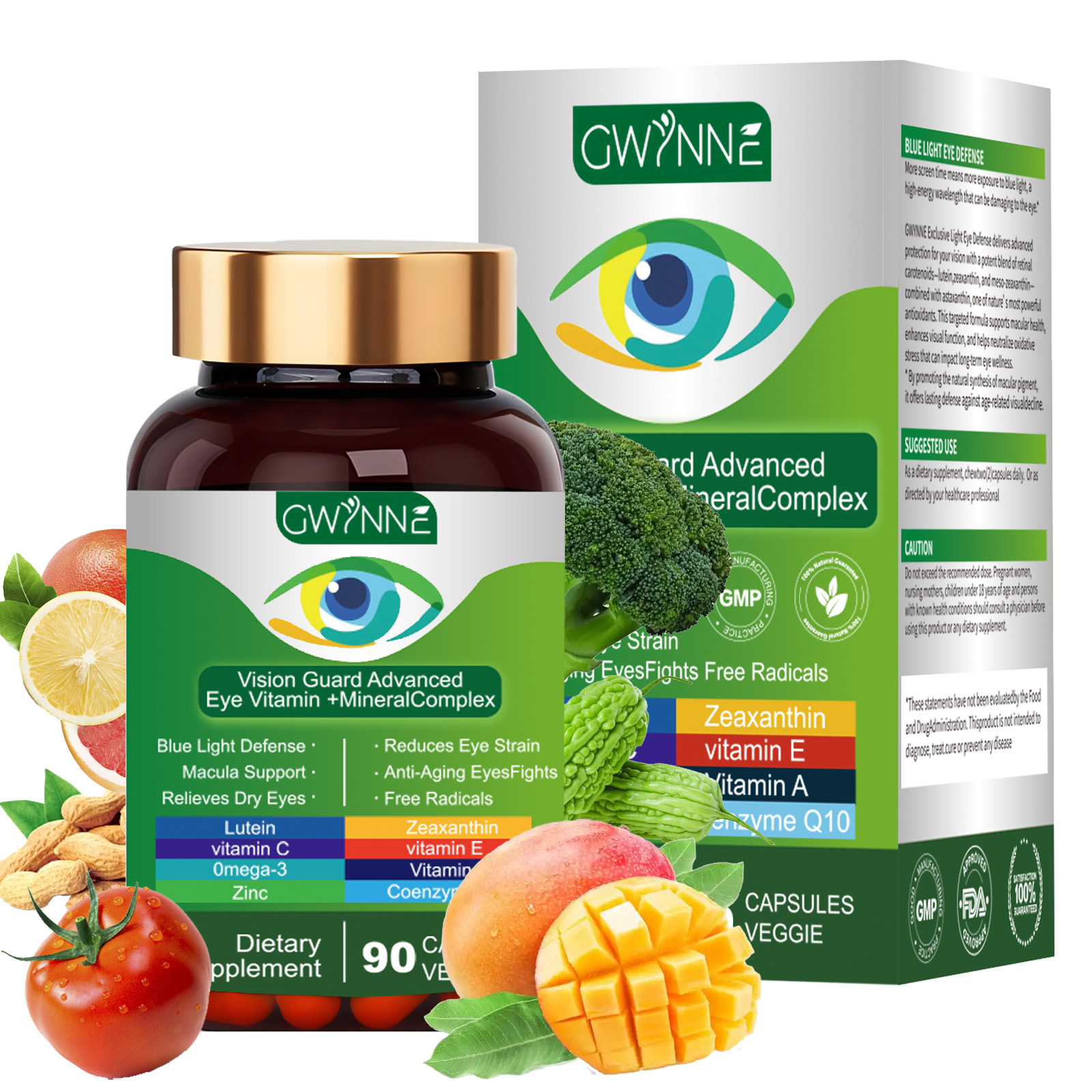 Gwynne Lutein Eye Vitamin Supplement 90 Cápsulas Suplemento Nutricional Para La Salud Macular Y El Ojo Seco Con Luteína, Zinc, Vitamina C/e Y Zeaxantina