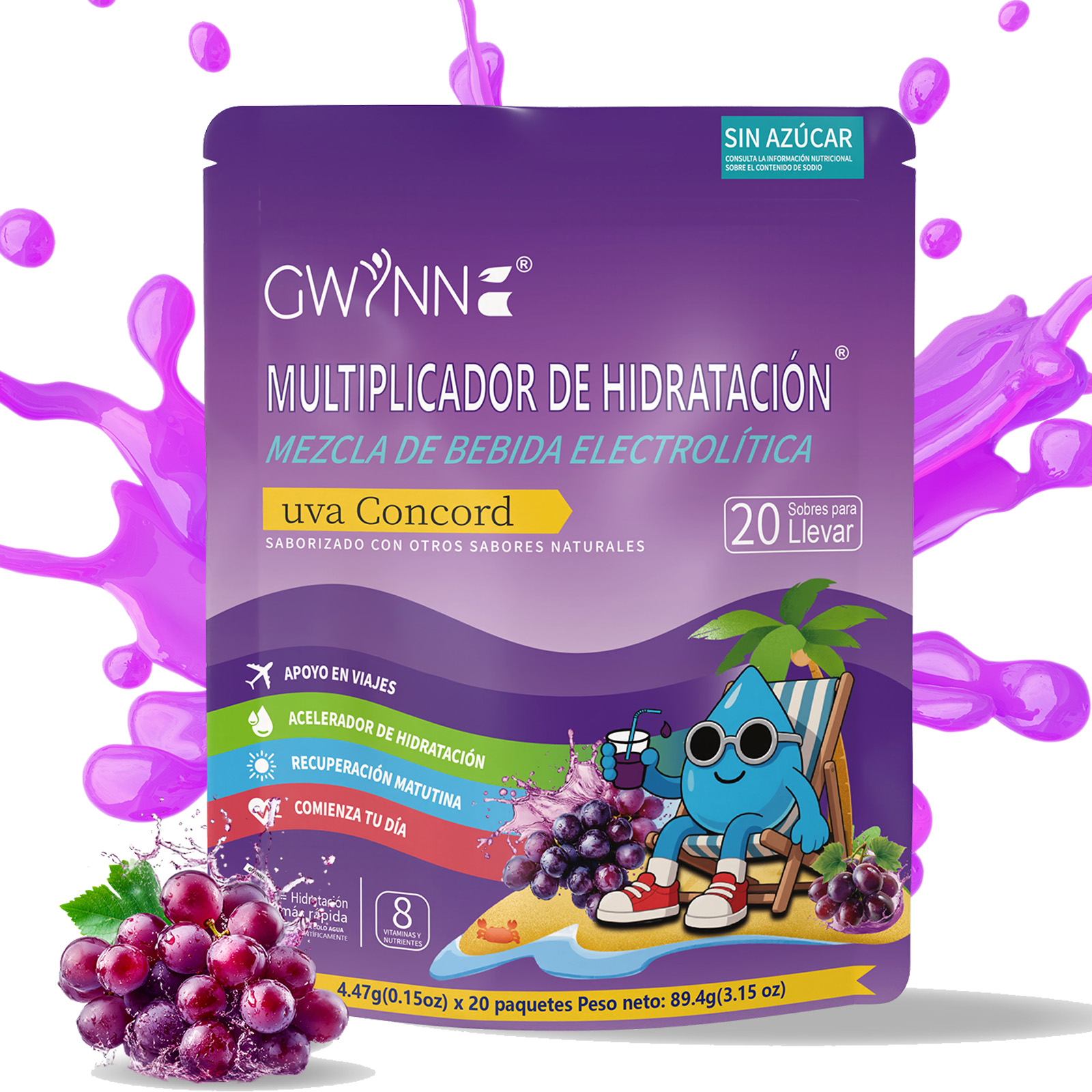 Gwynne Multiplicador De Hidratacion Mezcla De Bebida Electrolitica,supercalm Nutricional Bebidas Mixtas En Polvo Con Sodio ,vitamina C Y B12,sabor A Uva 20 Unidade