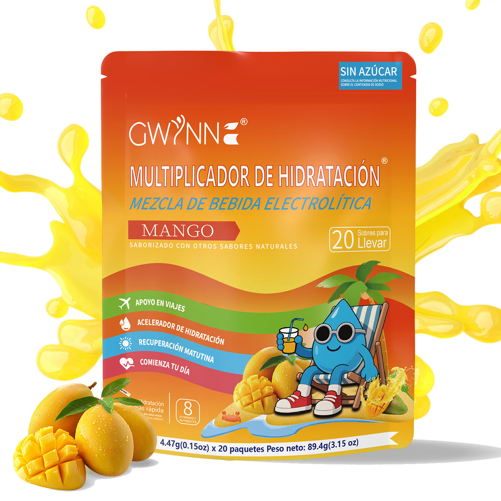 Gwynne Multiplicador De Hidratacion Mezcla De Bebida Electrolitica,supercalm Nutricional Bebidas Mixtas En Polvo Con Sodio ,vitamina C Y B12,sabor A Mango 20 Unidade