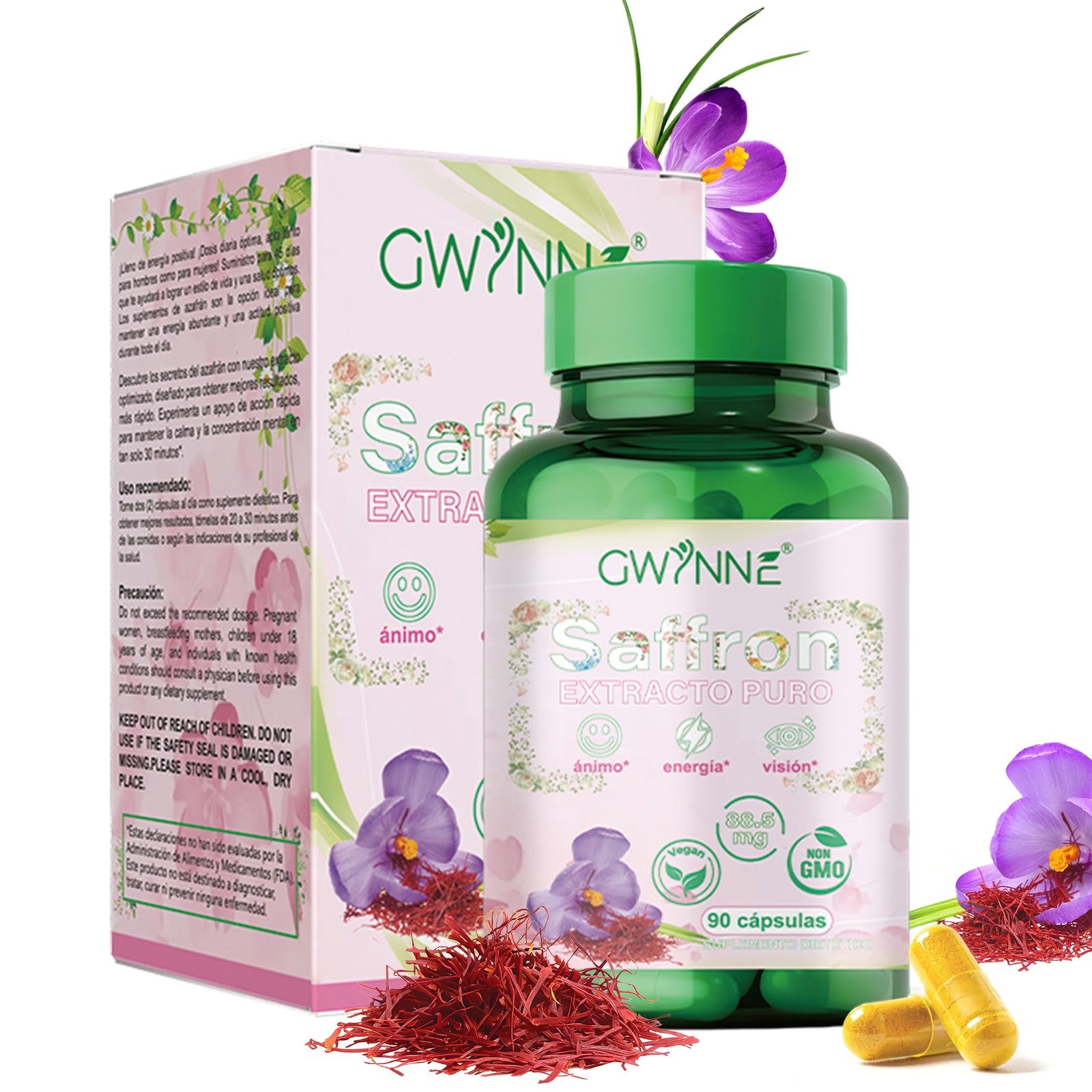 Gwynne Azafrán Puro Orgánico 88.5mg,extracto De Saffron Feliz Para Aumentar La Energía Y El Estado De Ánimo,apoyar La Salud Ocular,90 Cápsulas