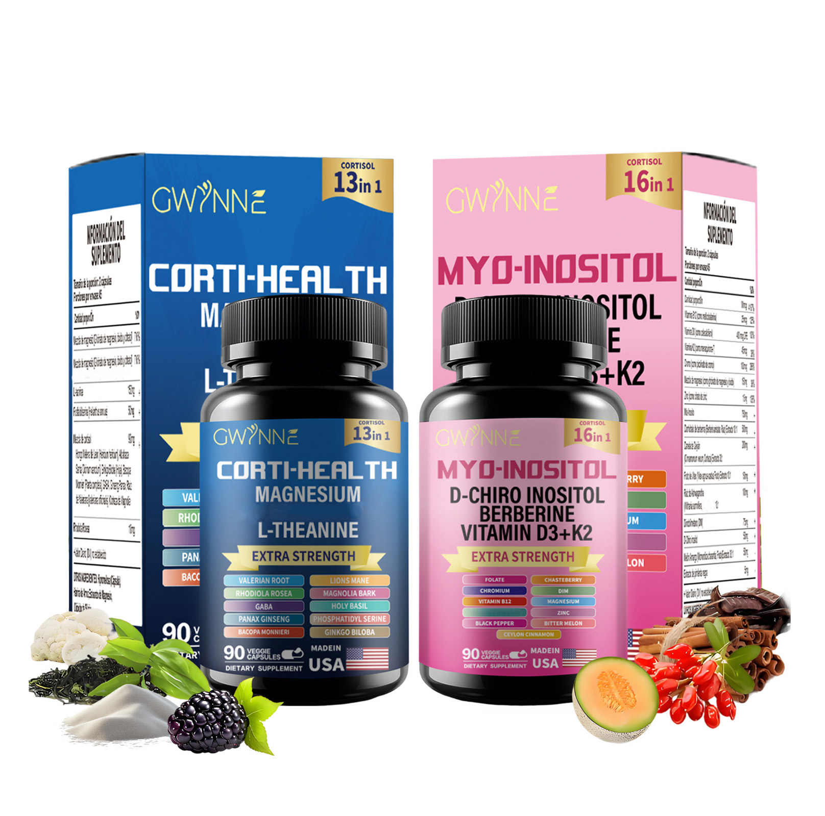 Gwynne Suplemento De Cortisol 90 Cápsulas + Suplemento De Inositol Myo-inositol Y D 90 Cápsulas,con Glicinato De Magnesio,vitamina B12 Y K2